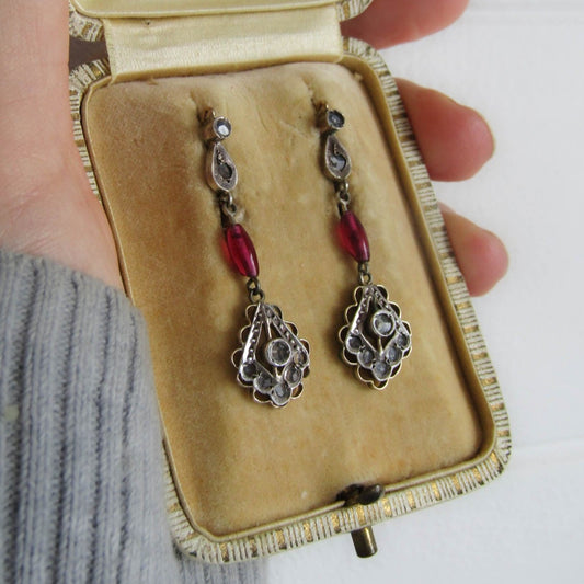 Antique 12K Gold and Silver Dangle Earrings with Paste Ruby and Paste Stones, Italian Art Deco Drop Earrings c. 1920