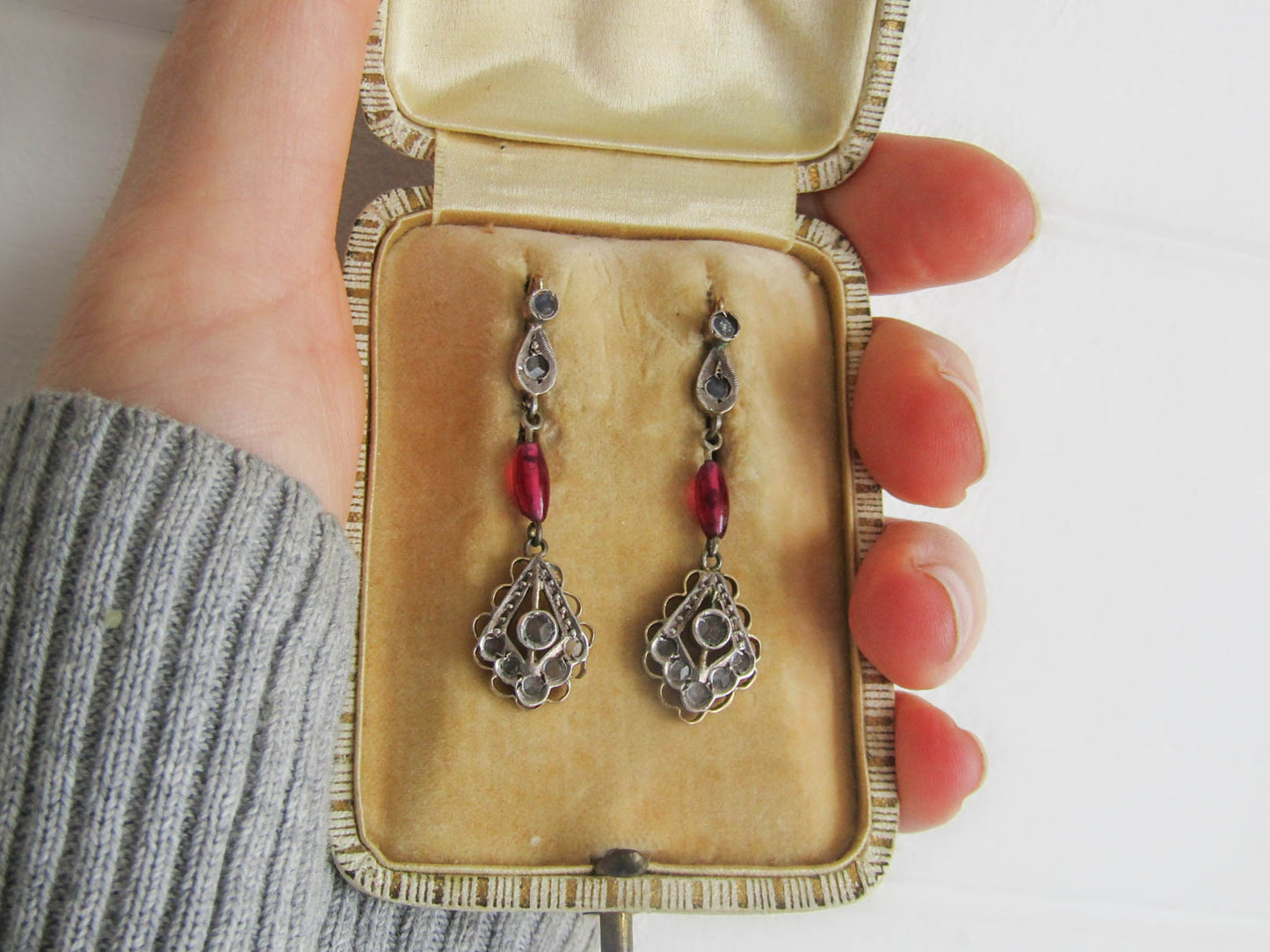 Antique 12K Gold and Silver Dangle Earrings with Paste Ruby and Paste Stones, Italian Art Deco Drop Earrings c. 1920