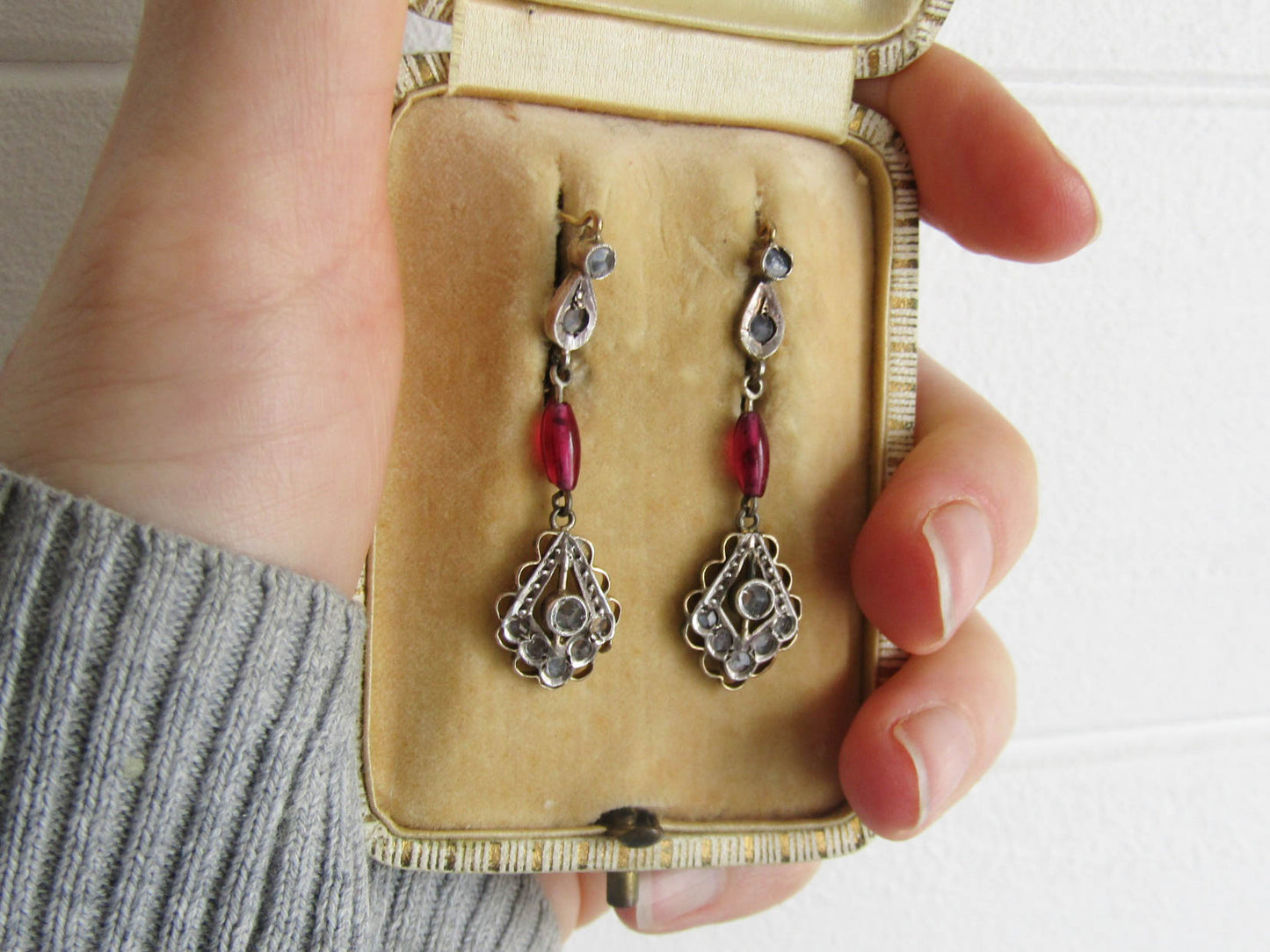 Antique 12K Gold and Silver Dangle Earrings with Paste Ruby and Paste Stones, Italian Art Deco Drop Earrings c. 1920