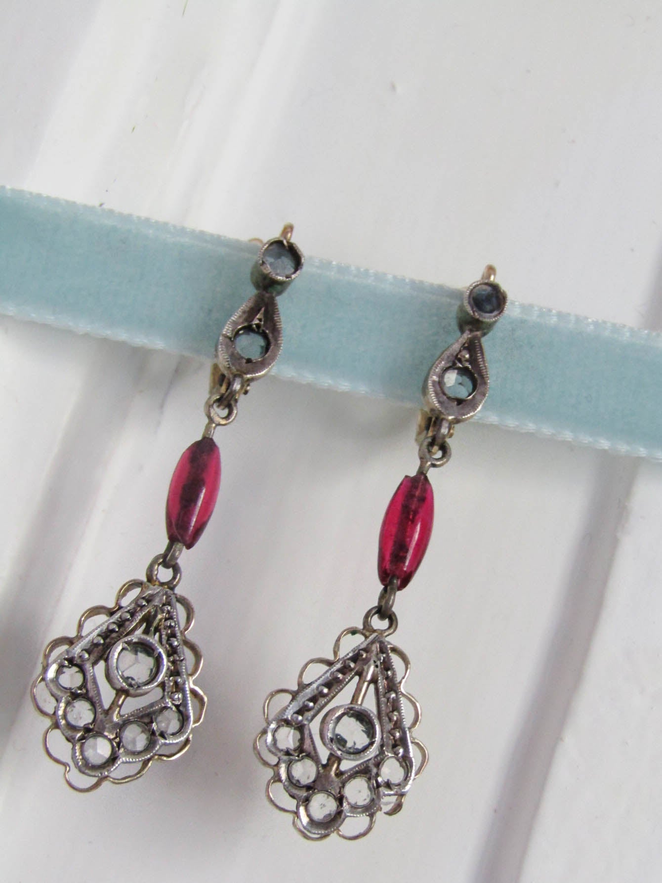 Antique 12K Gold and Silver Dangle Earrings with Paste Ruby and Paste Stones, Italian Art Deco Drop Earrings c. 1920