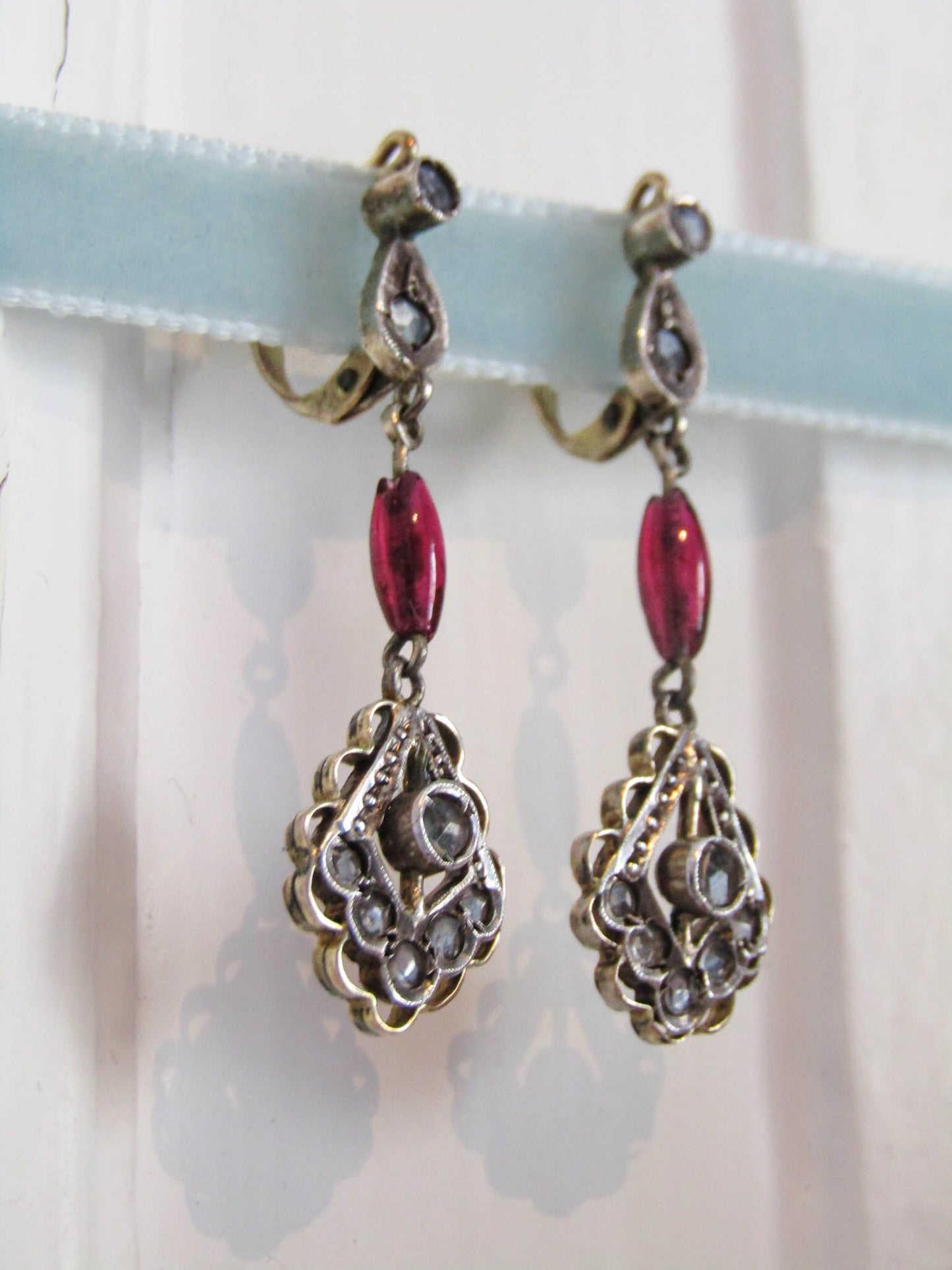 Antique 12K Gold and Silver Dangle Earrings with Paste Ruby and Paste Stones, Italian Art Deco Drop Earrings c. 1920