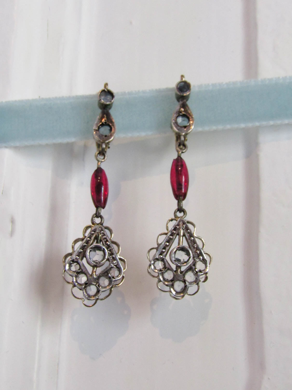 Antique 12K Gold and Silver Dangle Earrings with Paste Ruby and Paste Stones, Italian Art Deco Drop Earrings c. 1920