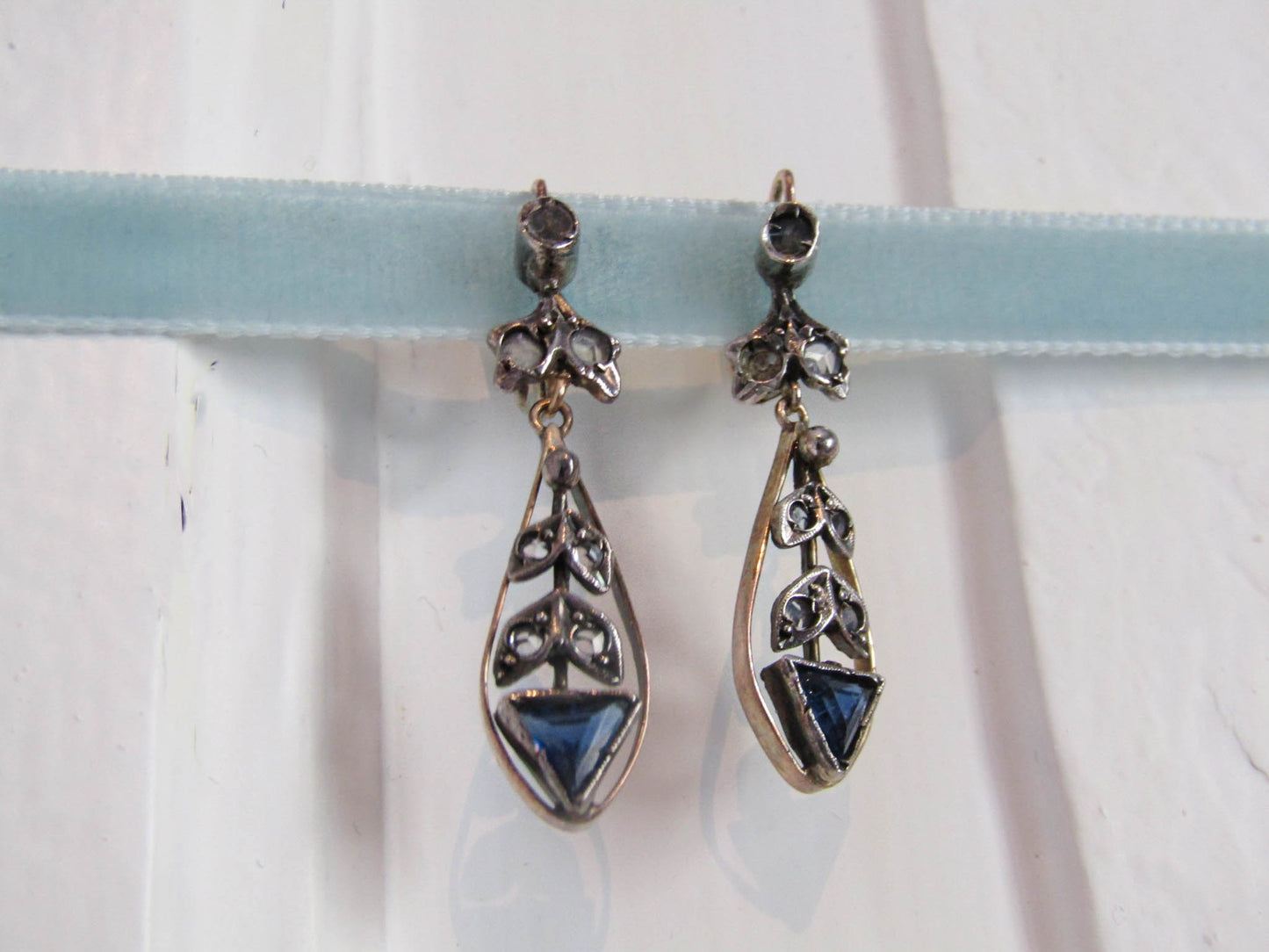 12K Gold and Silver Antique Drop Paste Earrings, Italian Floral Dangle Earrings