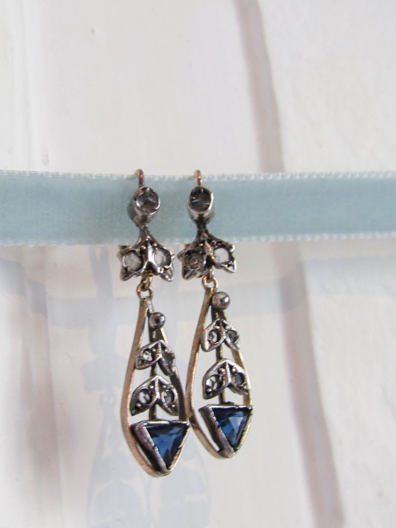 12K Gold and Silver Antique Drop Paste Earrings, Italian Floral Dangle Earrings