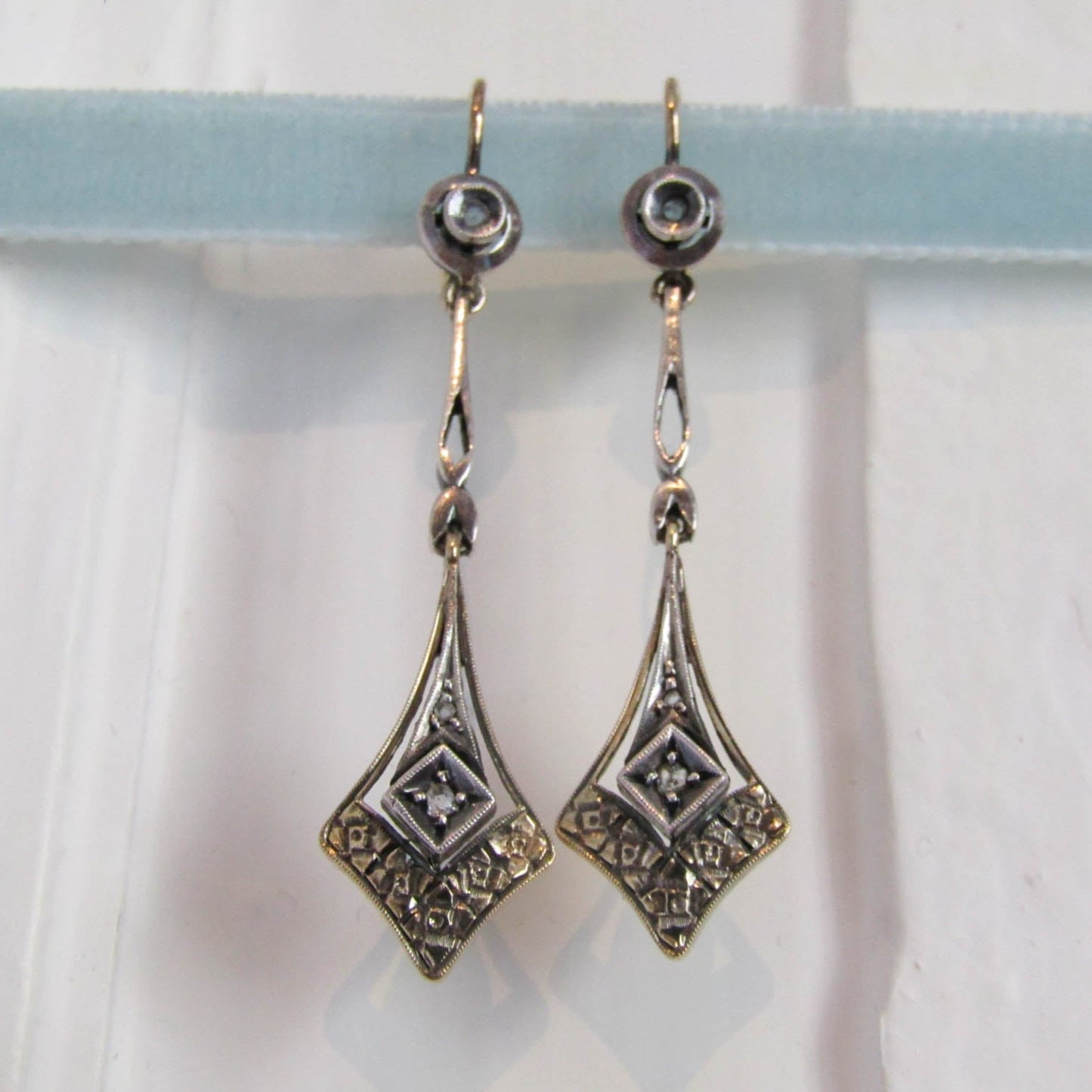 14K Gold and Rose Cut Diamond Art Deco Drop Earrings, Antique Italian Bridal Earrings,