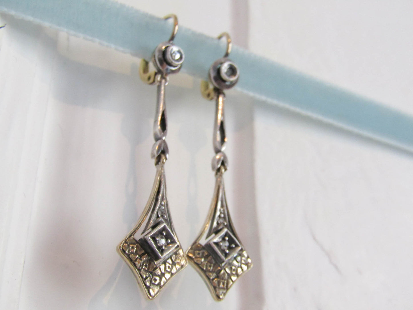 14K Gold and Rose Cut Diamond Art Deco Drop Earrings, Antique Italian Bridal Earrings,