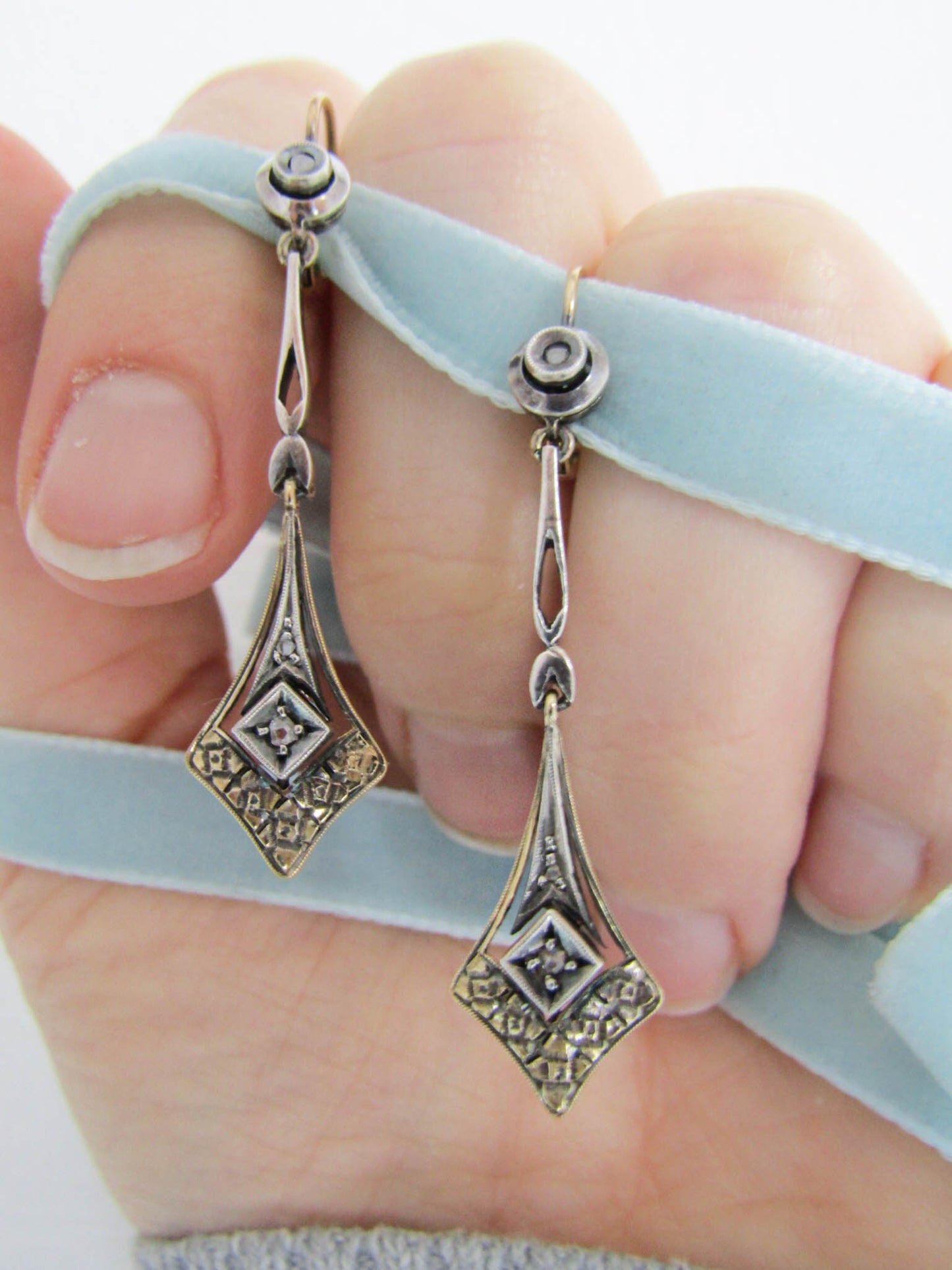 14K Gold and Rose Cut Diamond Art Deco Drop Earrings, Antique Italian Bridal Earrings,