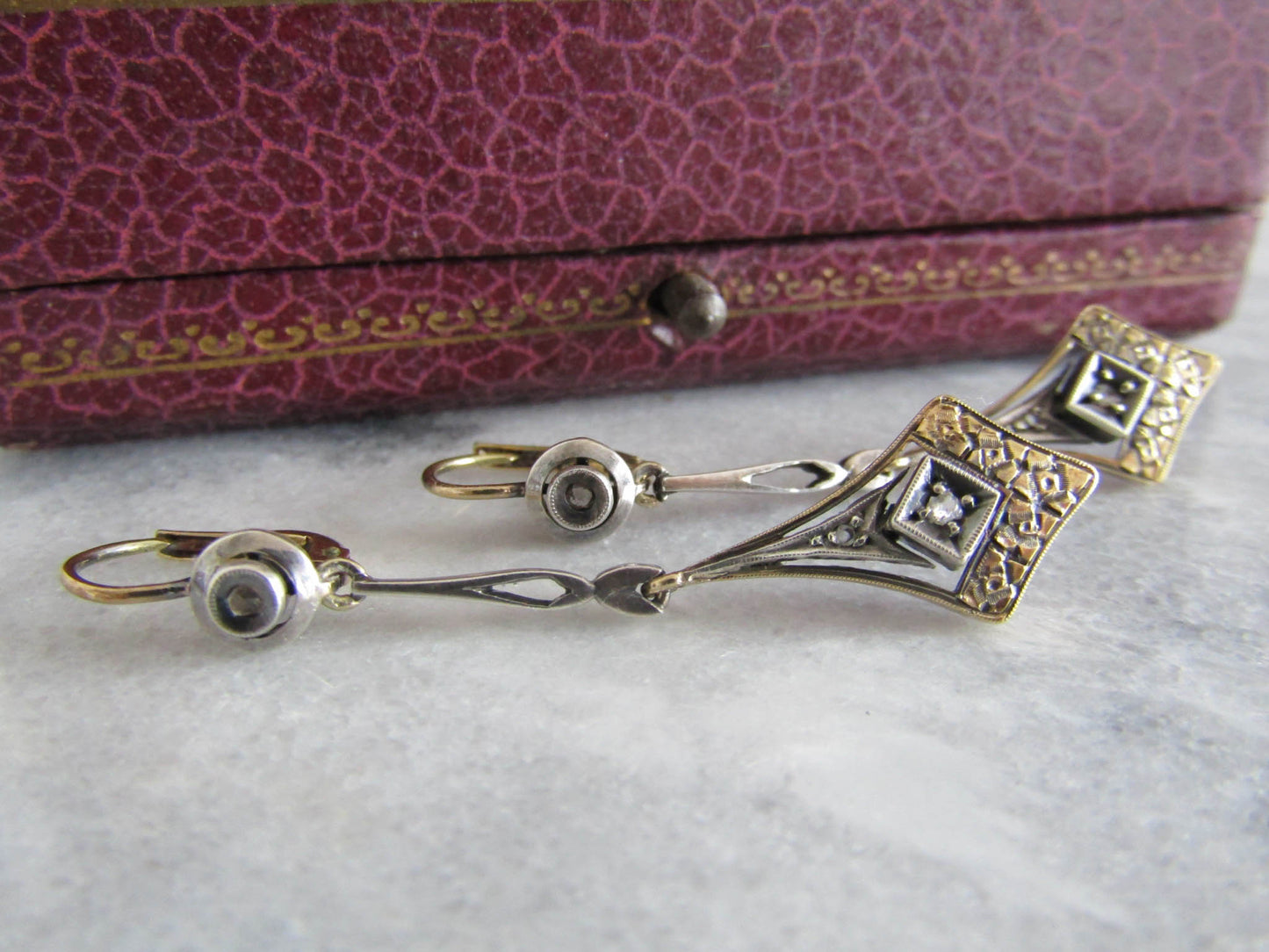 14K Gold and Rose Cut Diamond Art Deco Drop Earrings, Antique Italian Bridal Earrings,