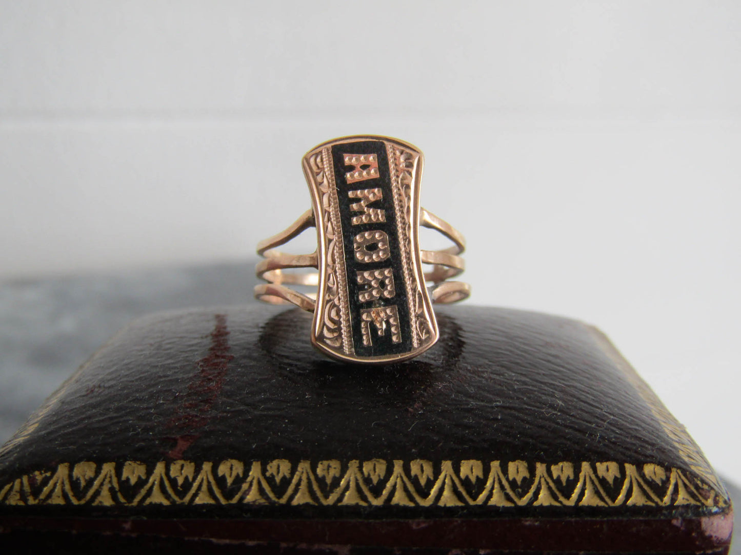 LOVE "Amore" Antique Italian Shield Ring, Black Enamel Signet, Victorian 14k Gold Oval Romantic Gift