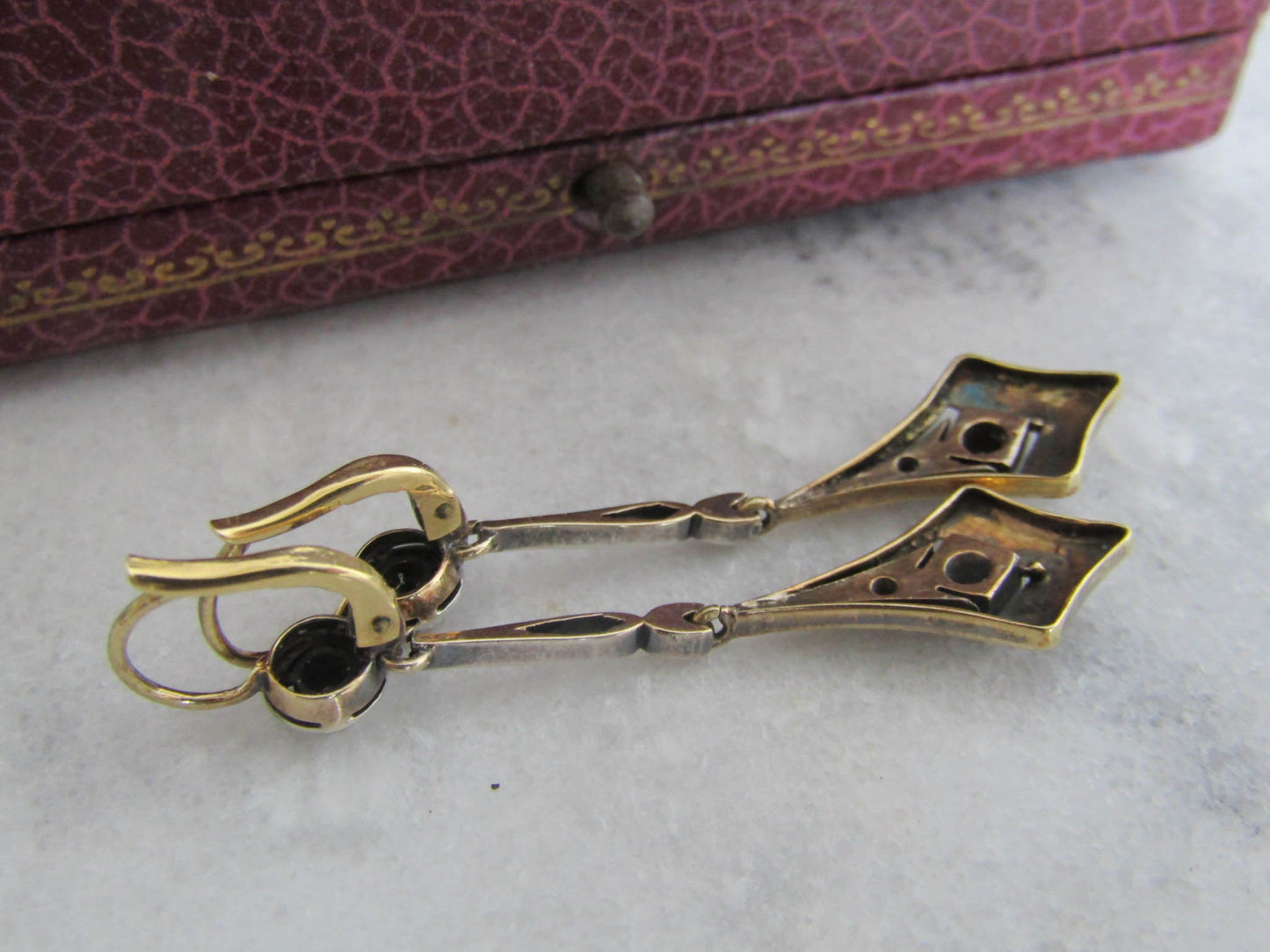 14K Gold and Rose Cut Diamond Art Deco Drop Earrings, Antique Italian Bridal Earrings,