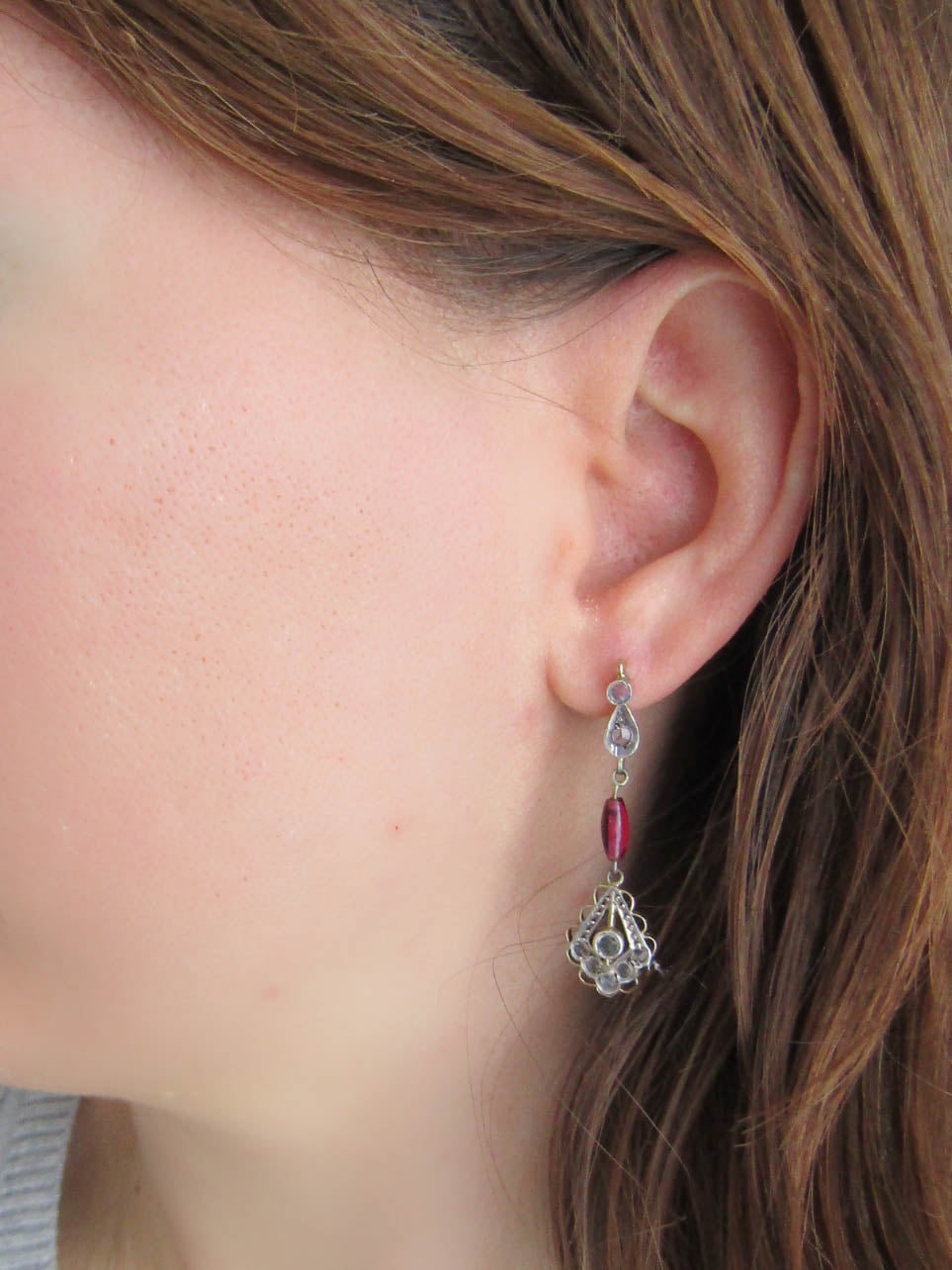 Antique 12K Gold and Silver Dangle Earrings with Paste Ruby and Paste Stones, Italian Art Deco Drop Earrings c. 1920