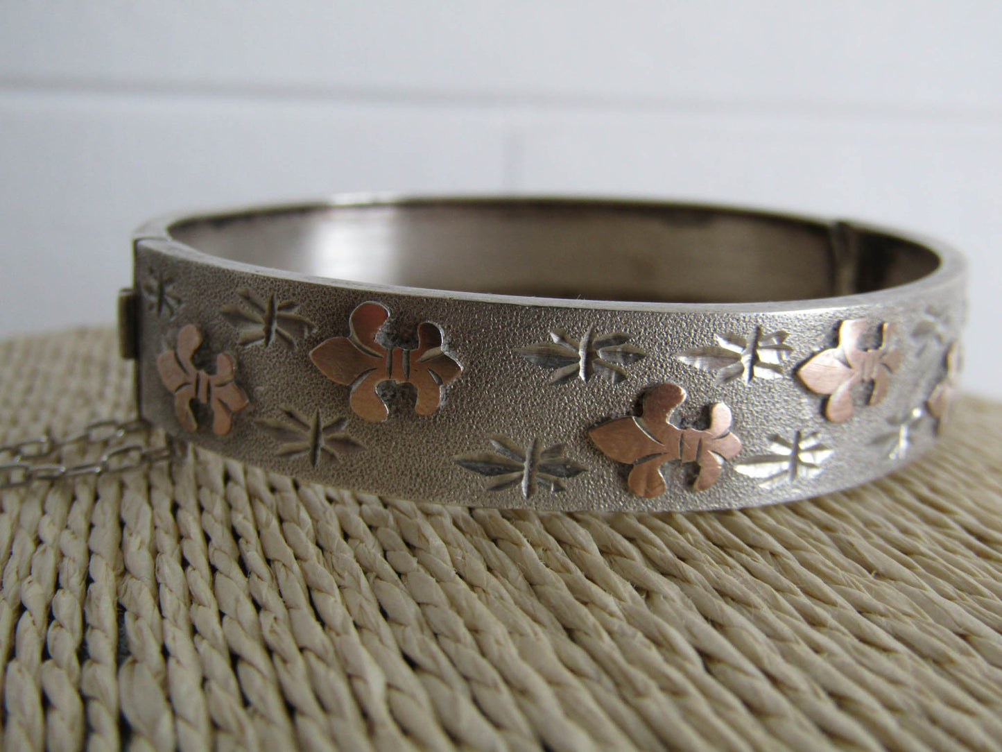 Antique Silver Fleur de Lys French Bangle Bracelet, Victorian Silver Cuff Bracelet with Box Clasp