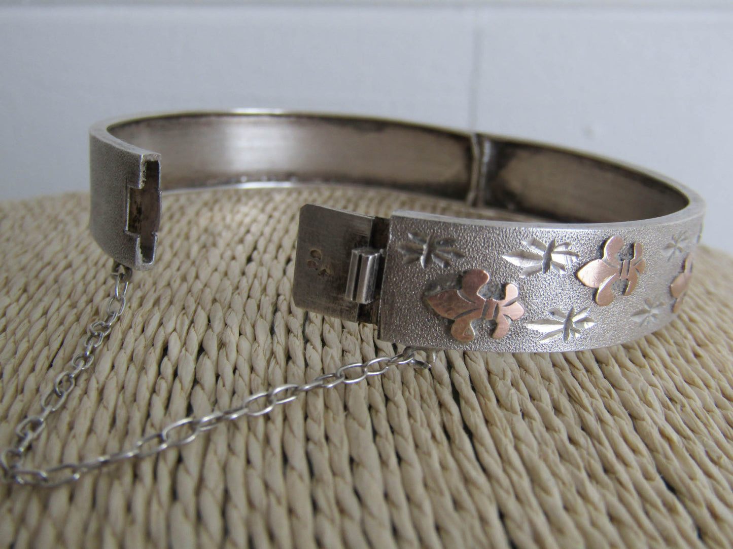 Antique Silver Fleur de Lys French Bangle Bracelet, Victorian Silver Cuff Bracelet with Box Clasp