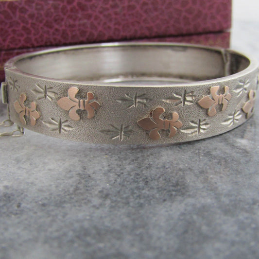 Antique Silver Fleur de Lys French Bangle Bracelet, Victorian Silver Cuff Bracelet with Box Clasp