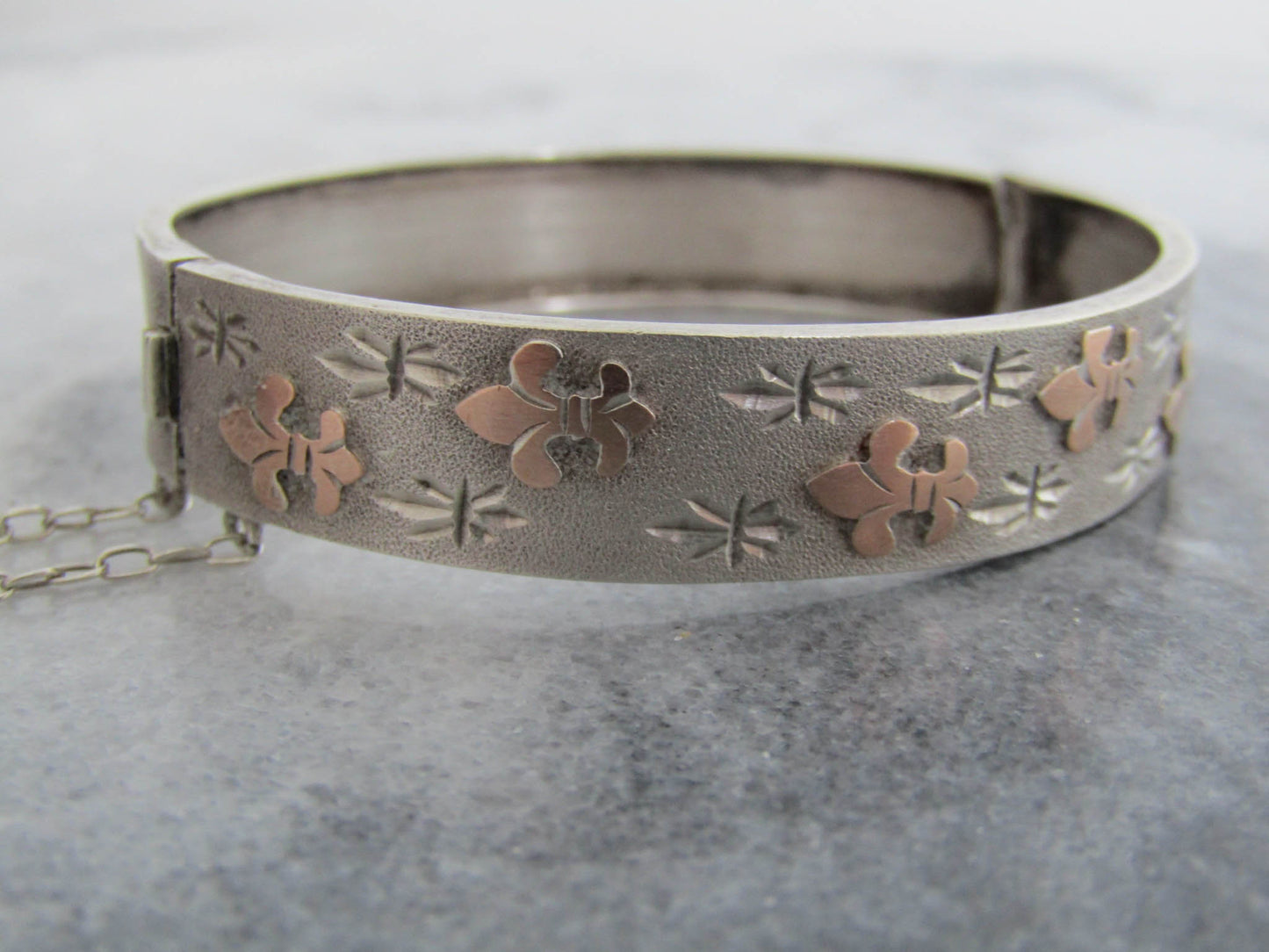 Antique Silver Fleur de Lys French Bangle Bracelet, Victorian Silver Cuff Bracelet with Box Clasp