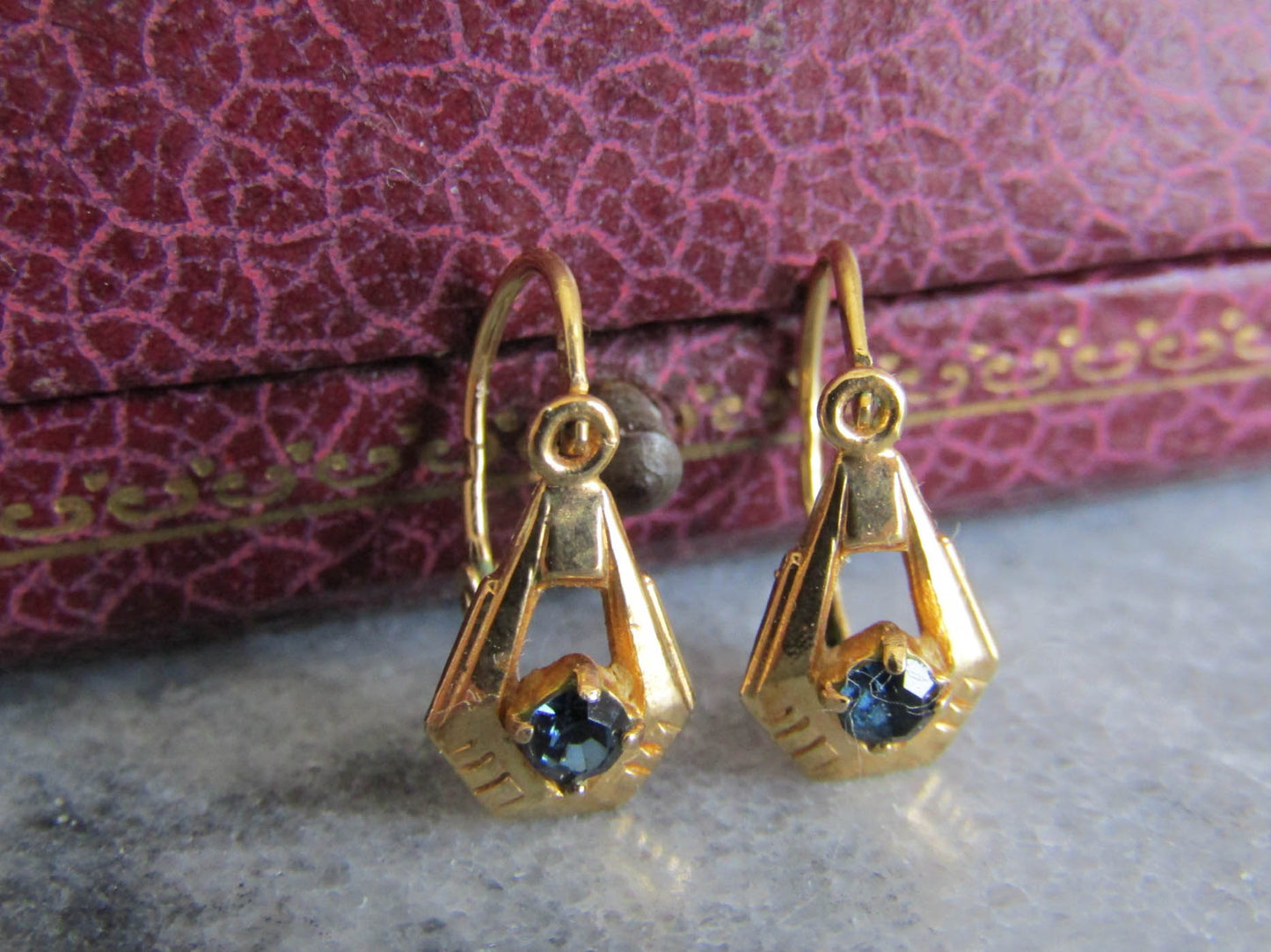 Vintage Gold Filled Art Deco Earrings with Sapphire Paste, c. 1930