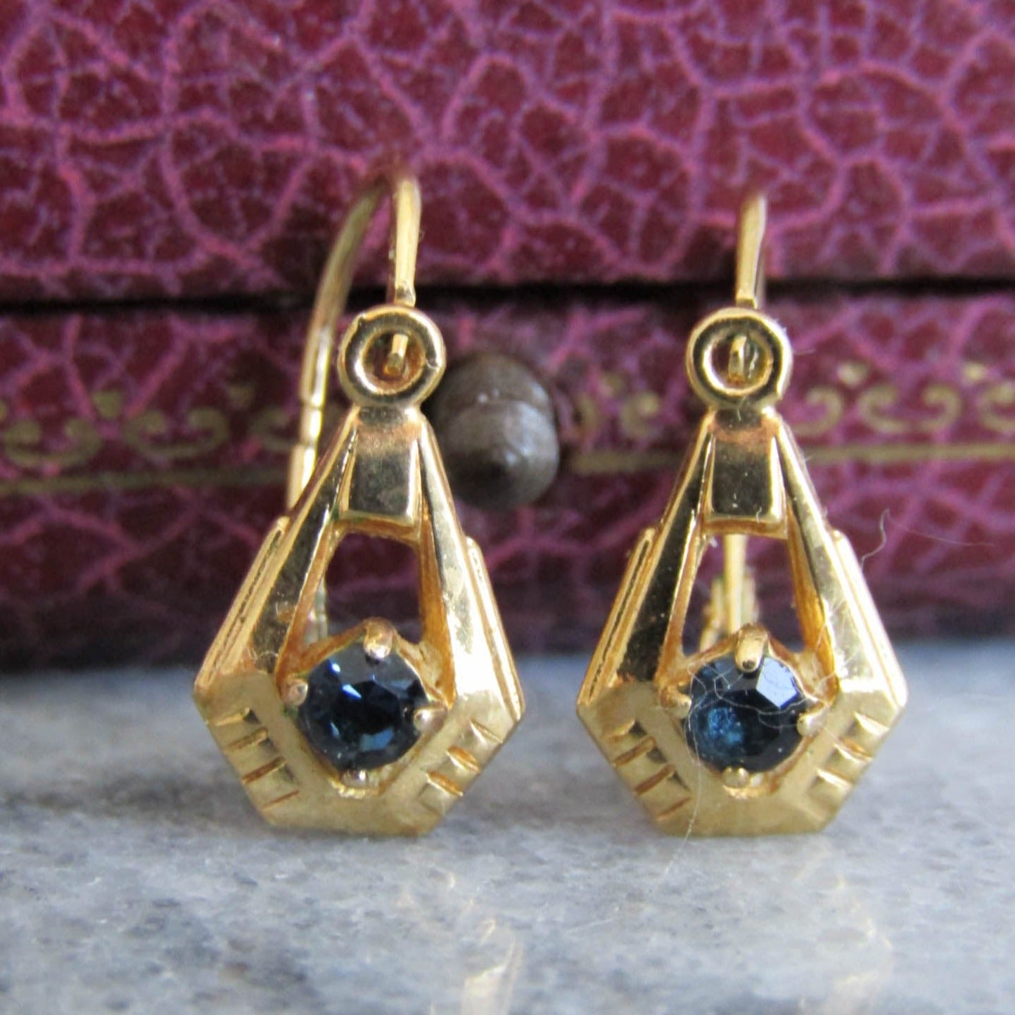 Vintage Gold Filled Art Deco Earrings with Sapphire Paste, c. 1930