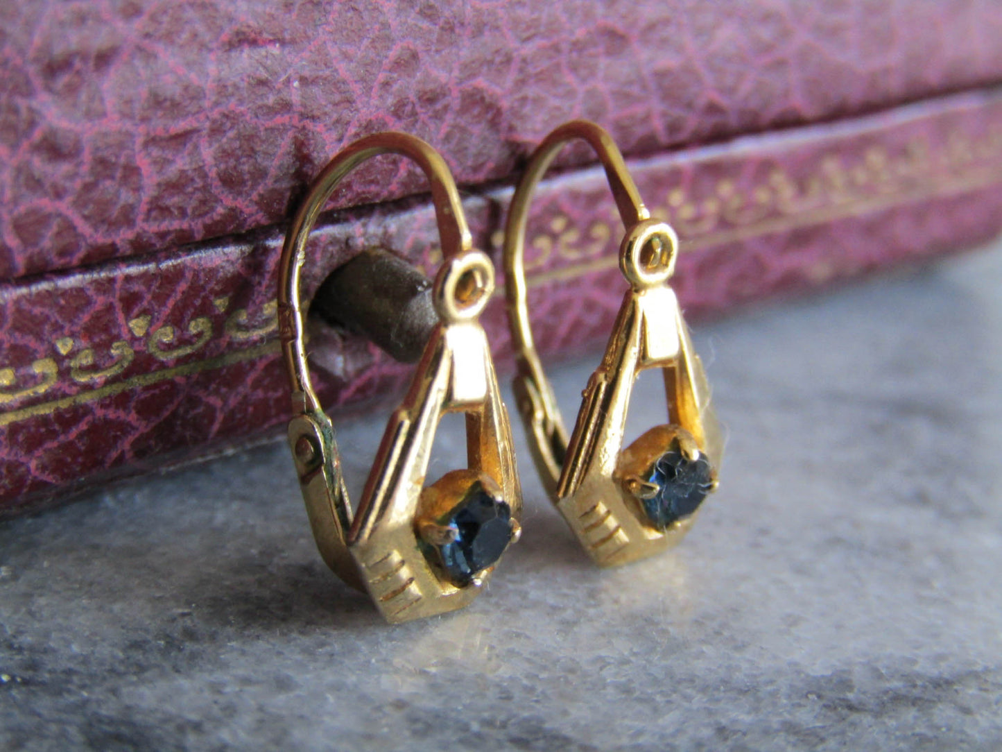 Vintage Gold Filled Art Deco Earrings with Sapphire Paste, c. 1930