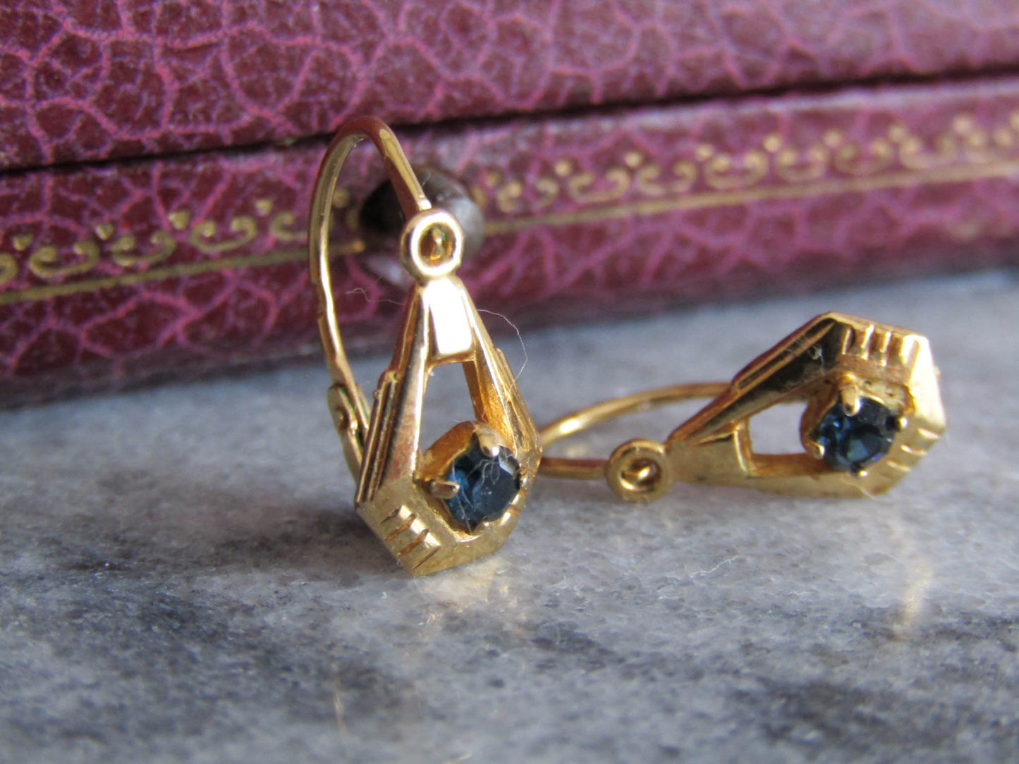 Vintage Gold Filled Art Deco Earrings with Sapphire Paste, c. 1930