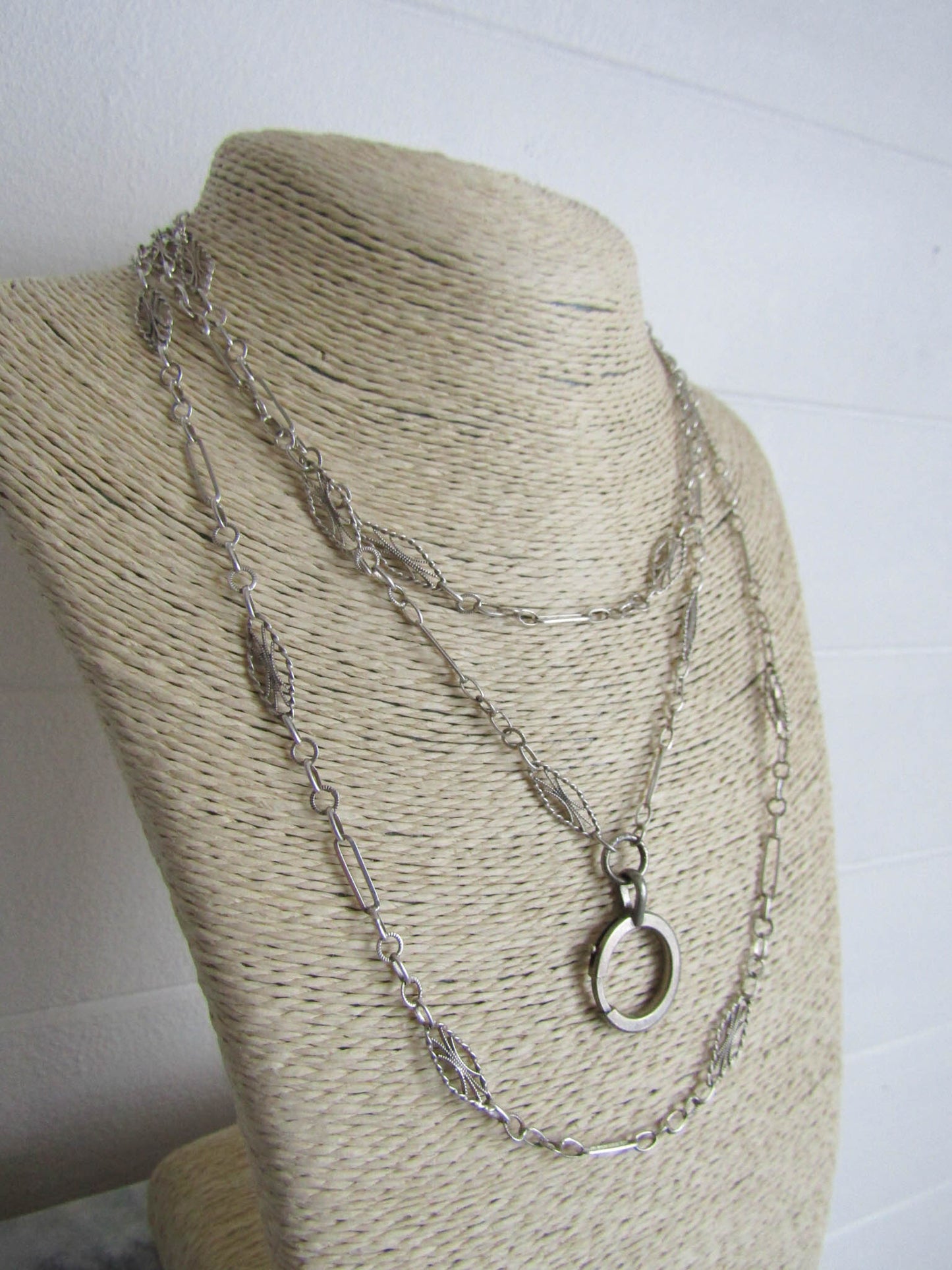 Antique French Silver Long Guard Chain with Hanging Bolt Ring,