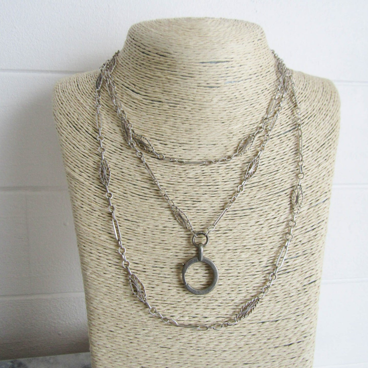 Antique French Silver Long Guard Chain with Hanging Bolt Ring,