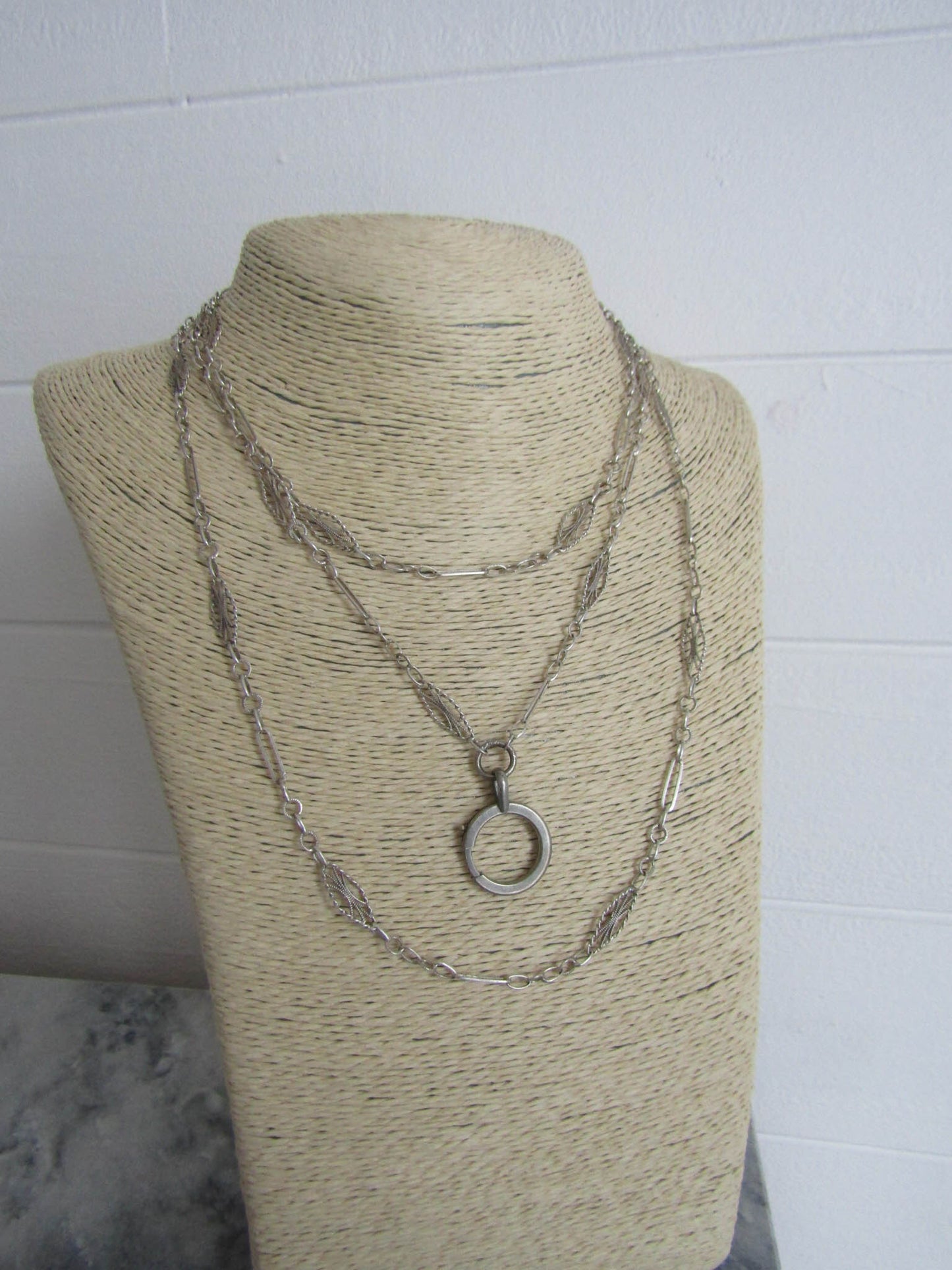 Antique French Silver Long Guard Chain with Hanging Bolt Ring,