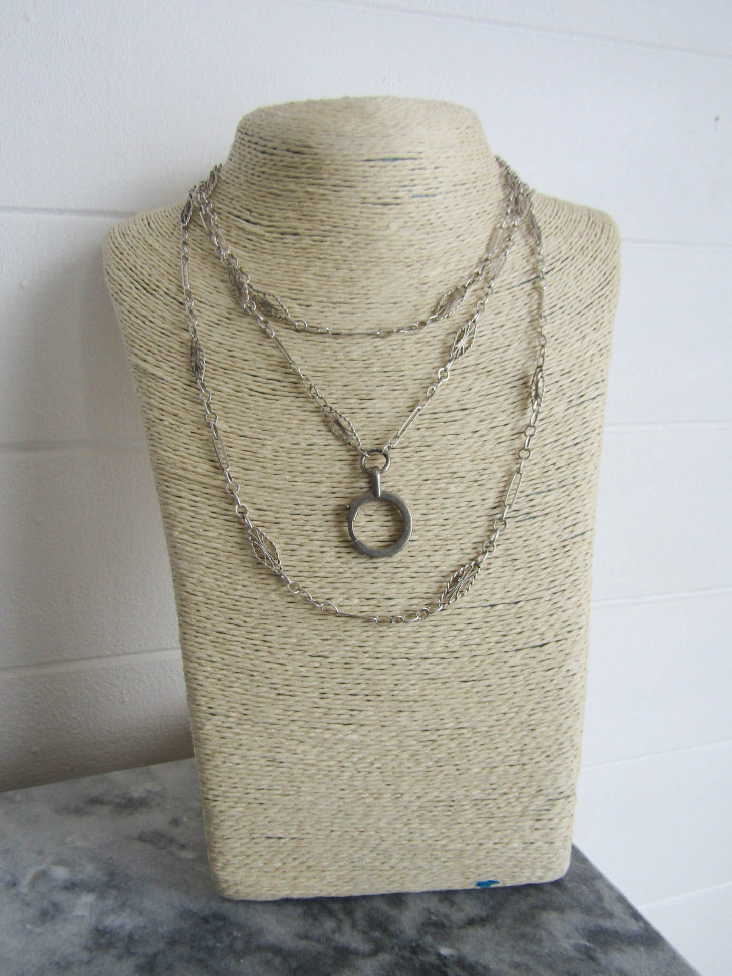 Antique French Silver Long Guard Chain with Hanging Bolt Ring,