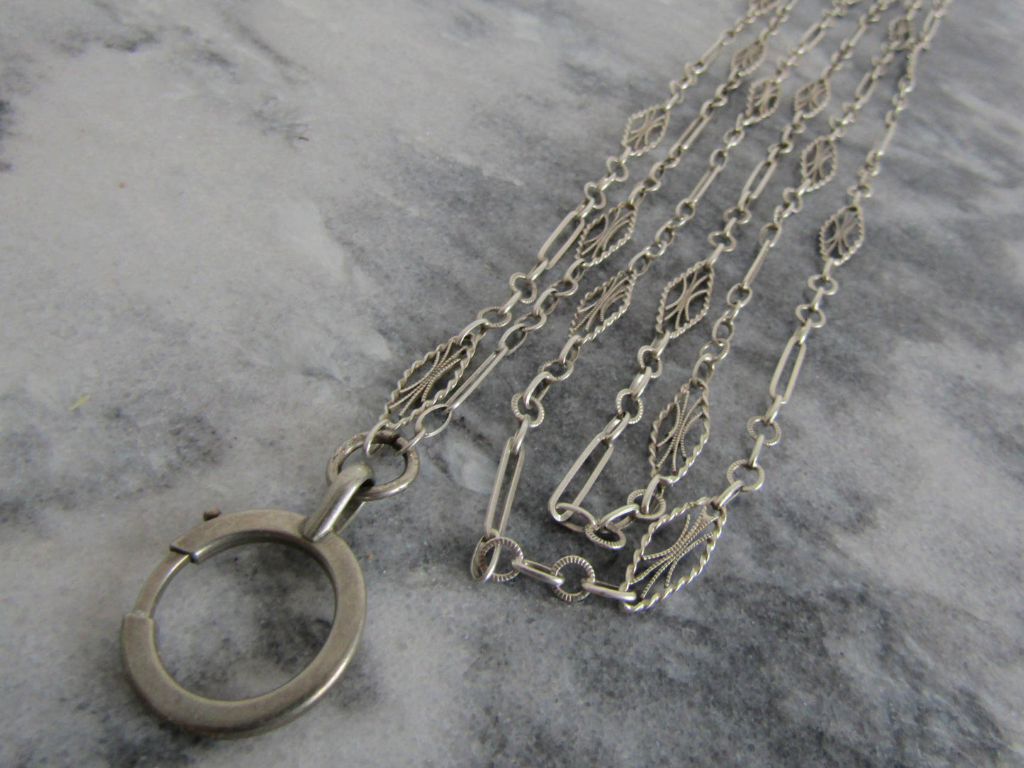 Antique French Silver Long Guard Chain with Hanging Bolt Ring,