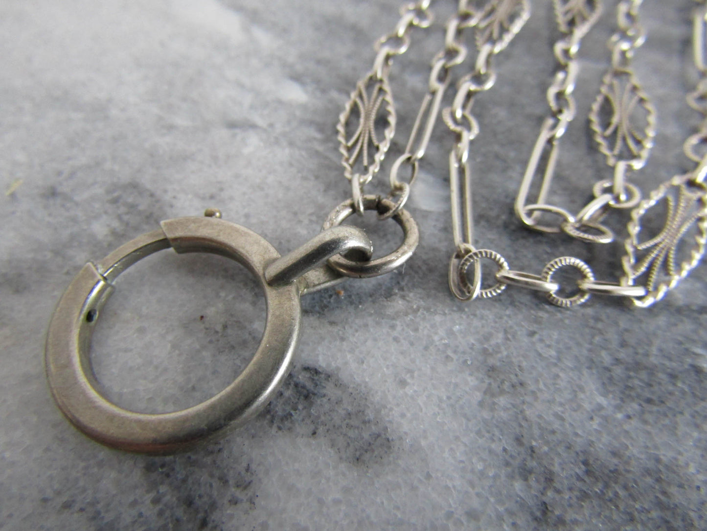 Antique French Silver Long Guard Chain with Hanging Bolt Ring,