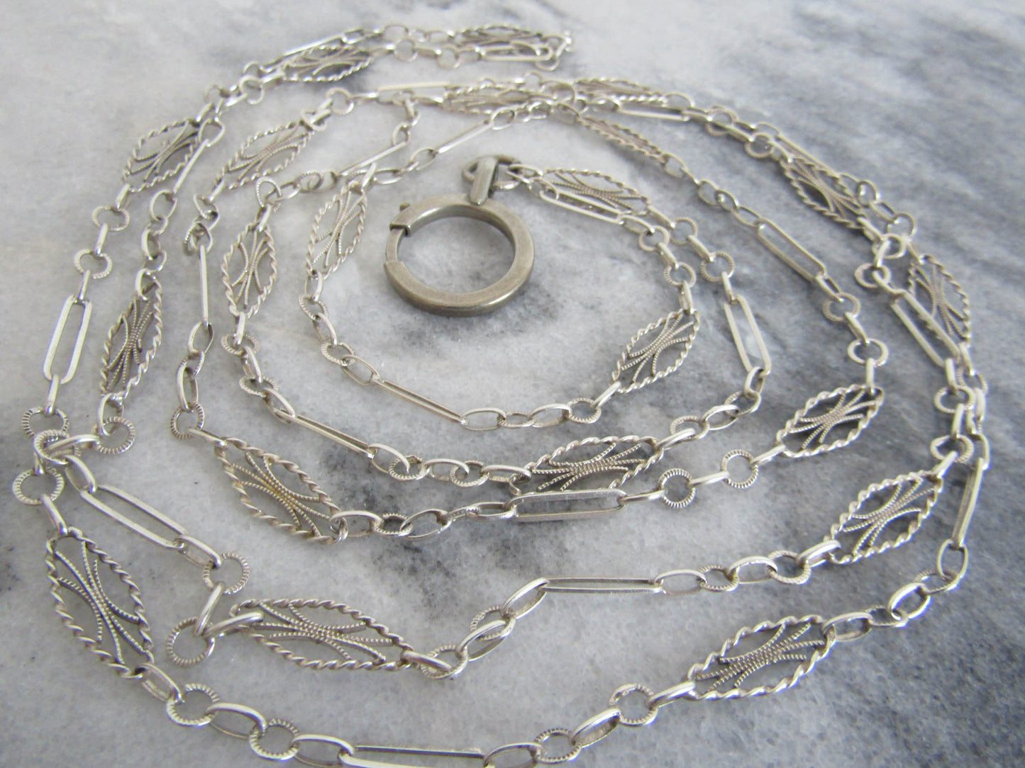 Antique French Silver Long Guard Chain with Hanging Bolt Ring,