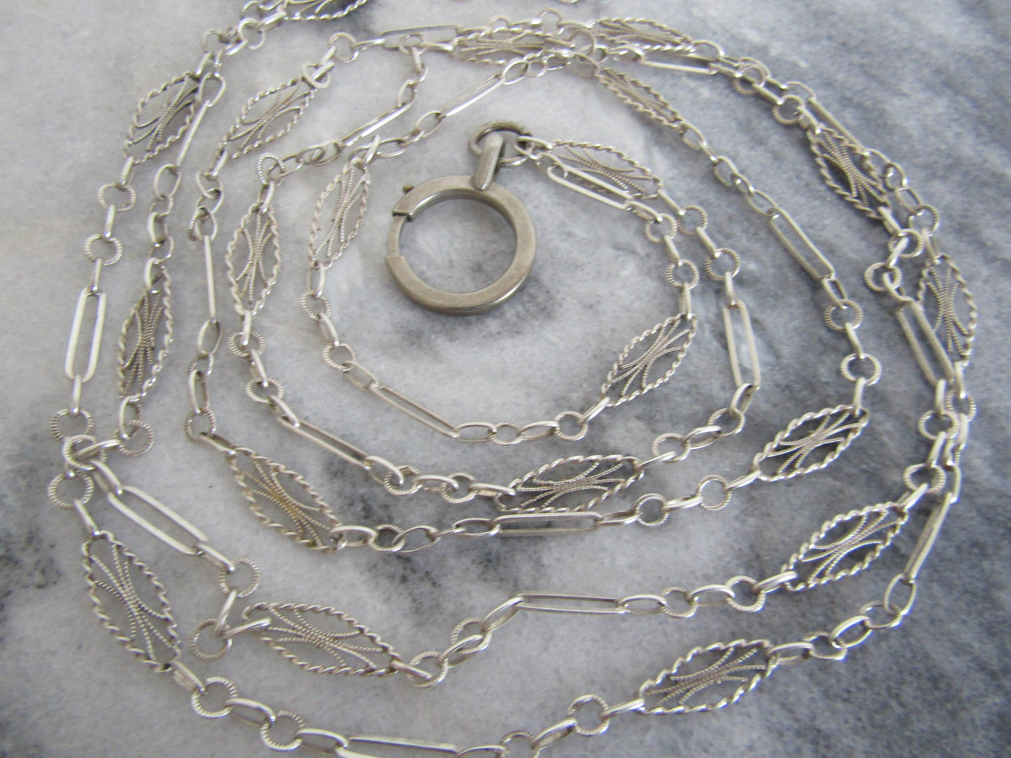 Antique French Silver Long Guard Chain with Hanging Bolt Ring,