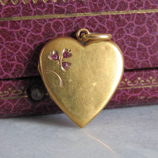 18K RUBY Clover Heart Locket, Antique French Sentimental Edwardian Locket c. 1900