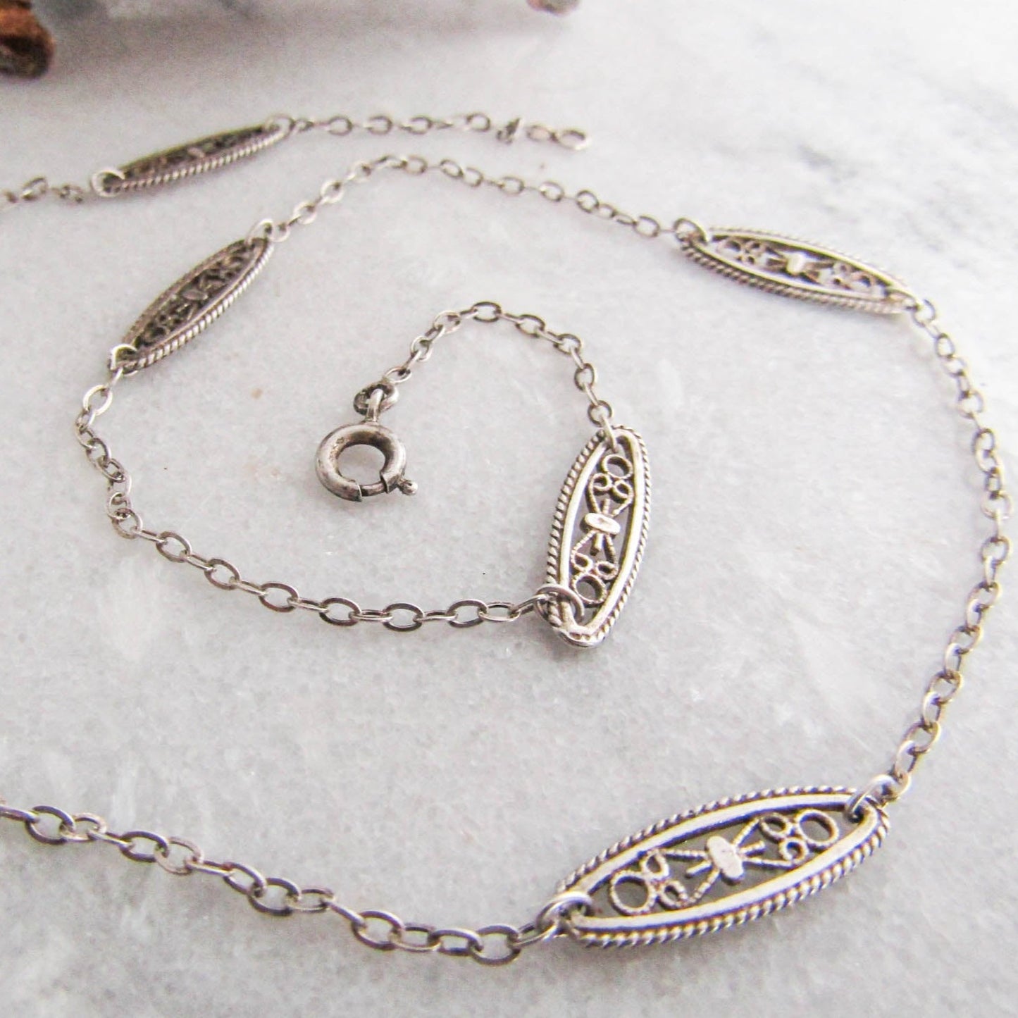 15.5" Antique French Silver Necklace, Vintage Filigree Choker Necklace