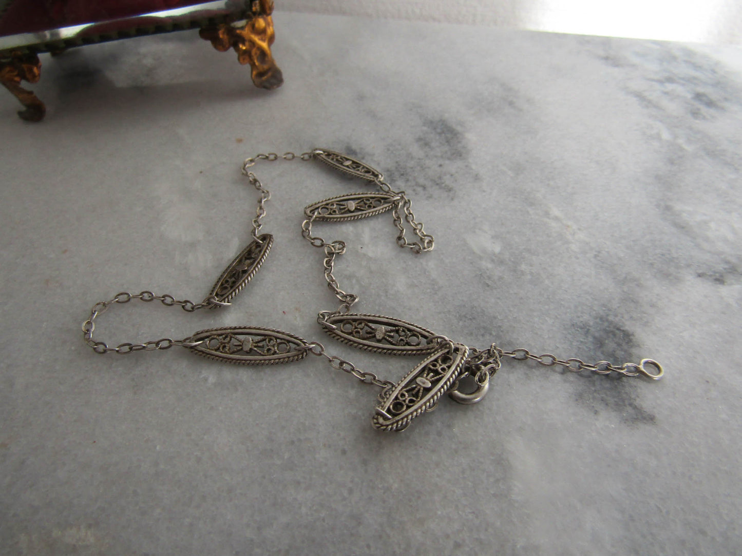 15.5" Antique French Silver Necklace, Vintage Filigree Choker Necklace