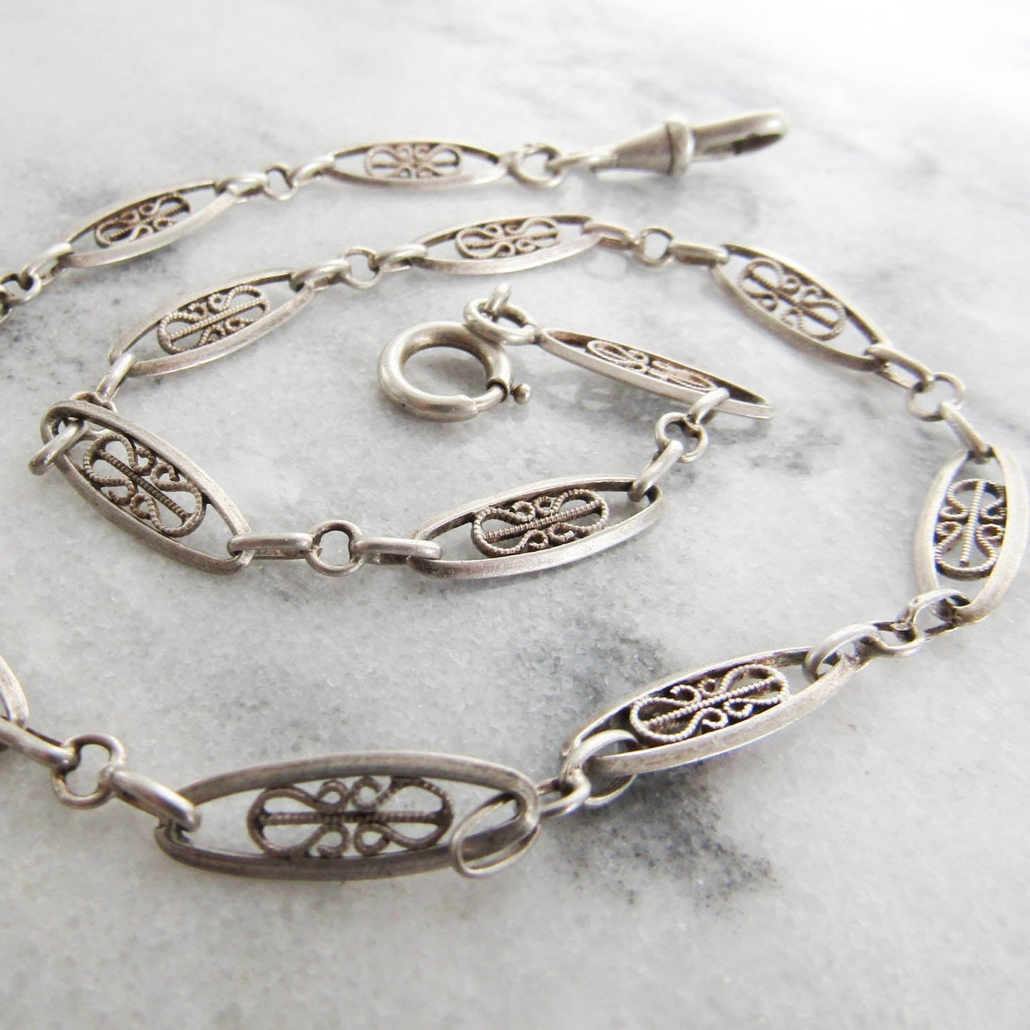 Antique French Silver Watch Chain, Vintage Filigree Watch Chain