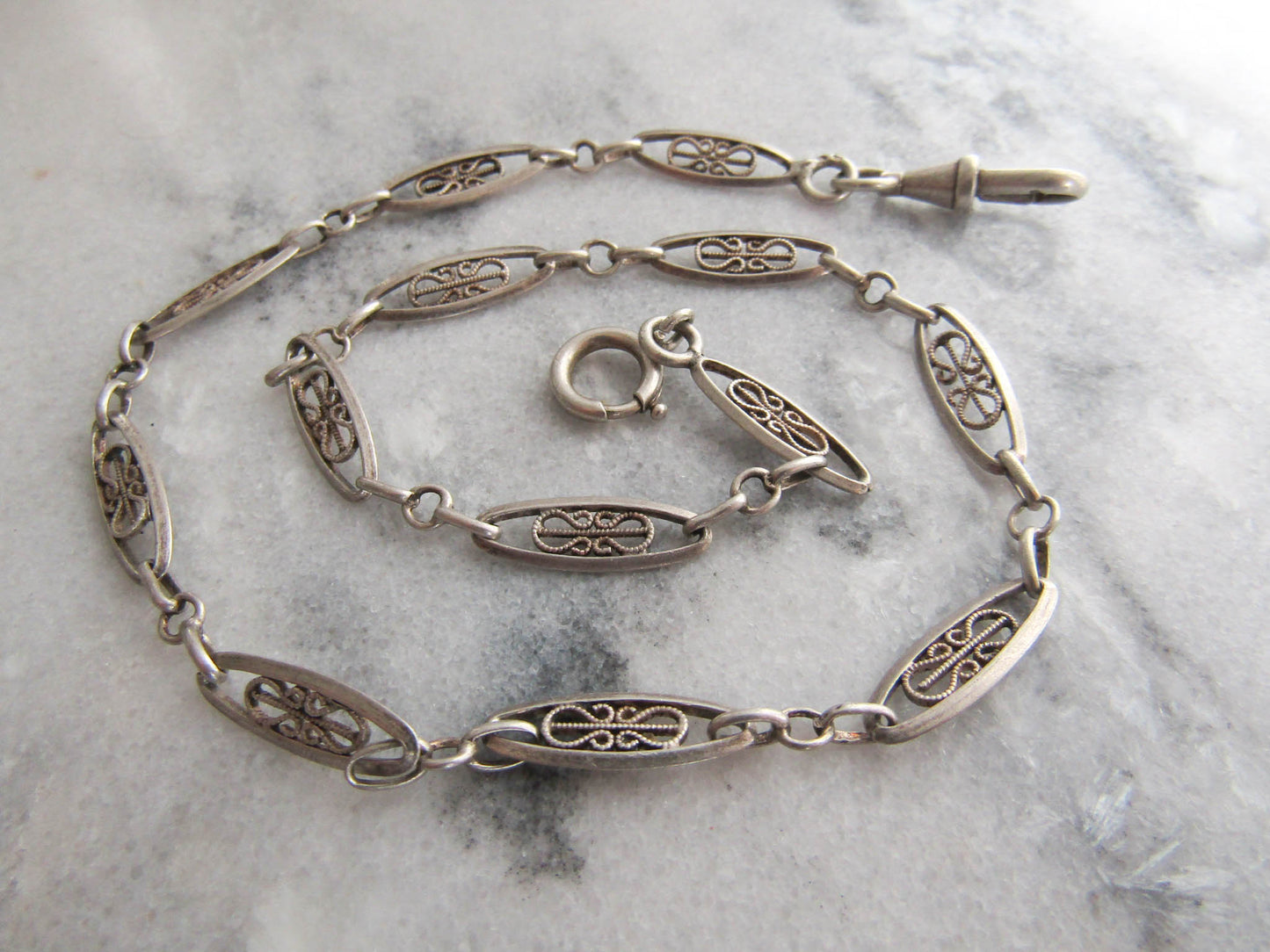 Antique French Silver Watch Chain, Vintage Filigree Watch Chain