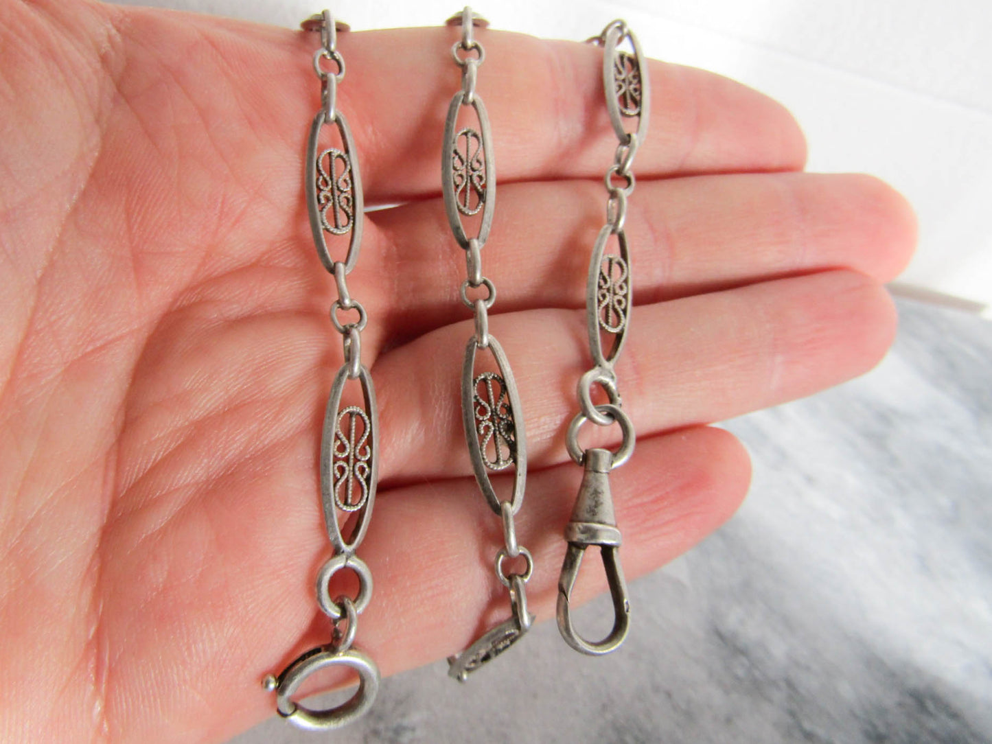 Antique French Silver Watch Chain, Vintage Filigree Watch Chain