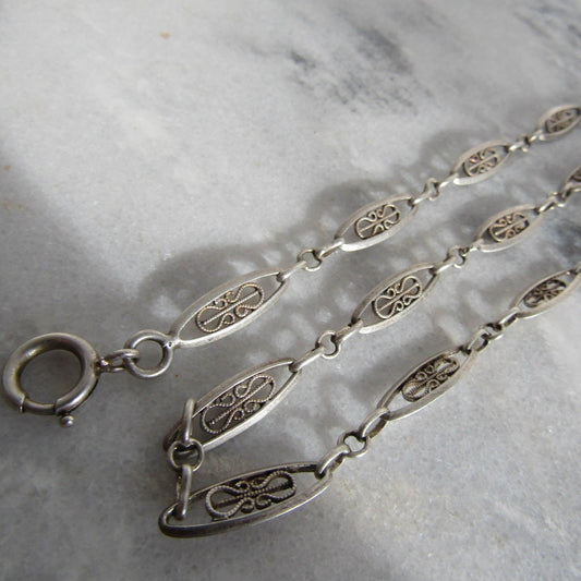 Antique French Silver Watch Chain, Vintage Filigree Watch Chain