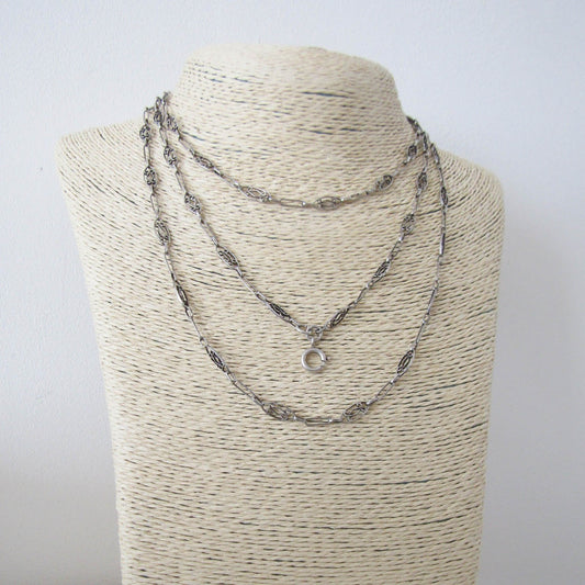 French Filigree Long Guard Chain, Antique Silver Necklace with Hanging Bolt Ring