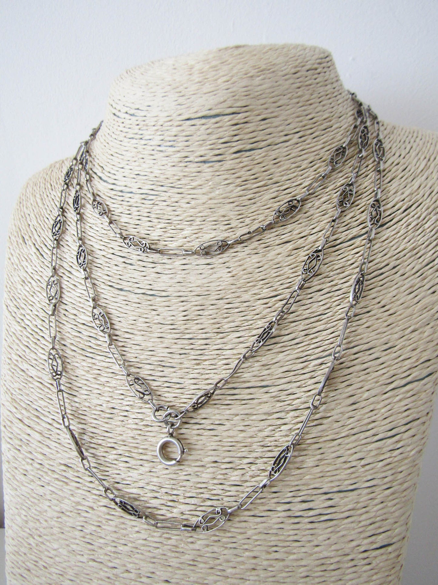 French Filigree Long Guard Chain, Antique Silver Necklace with Hanging Bolt Ring