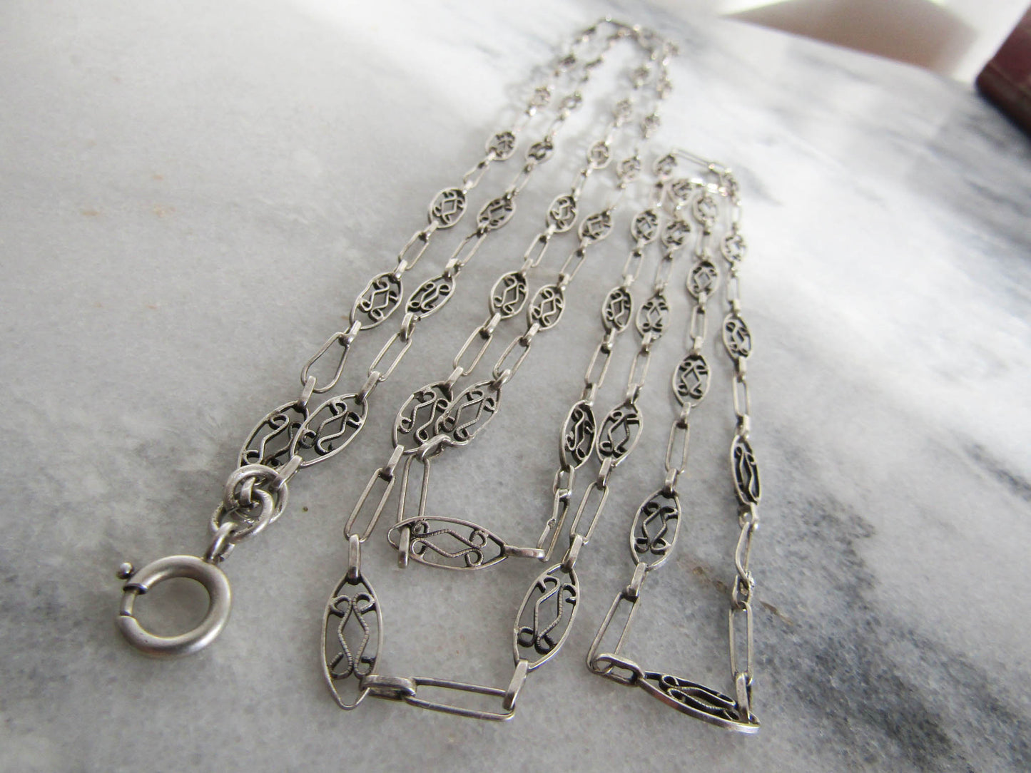 French Filigree Long Guard Chain, Antique Silver Necklace with Hanging Bolt Ring