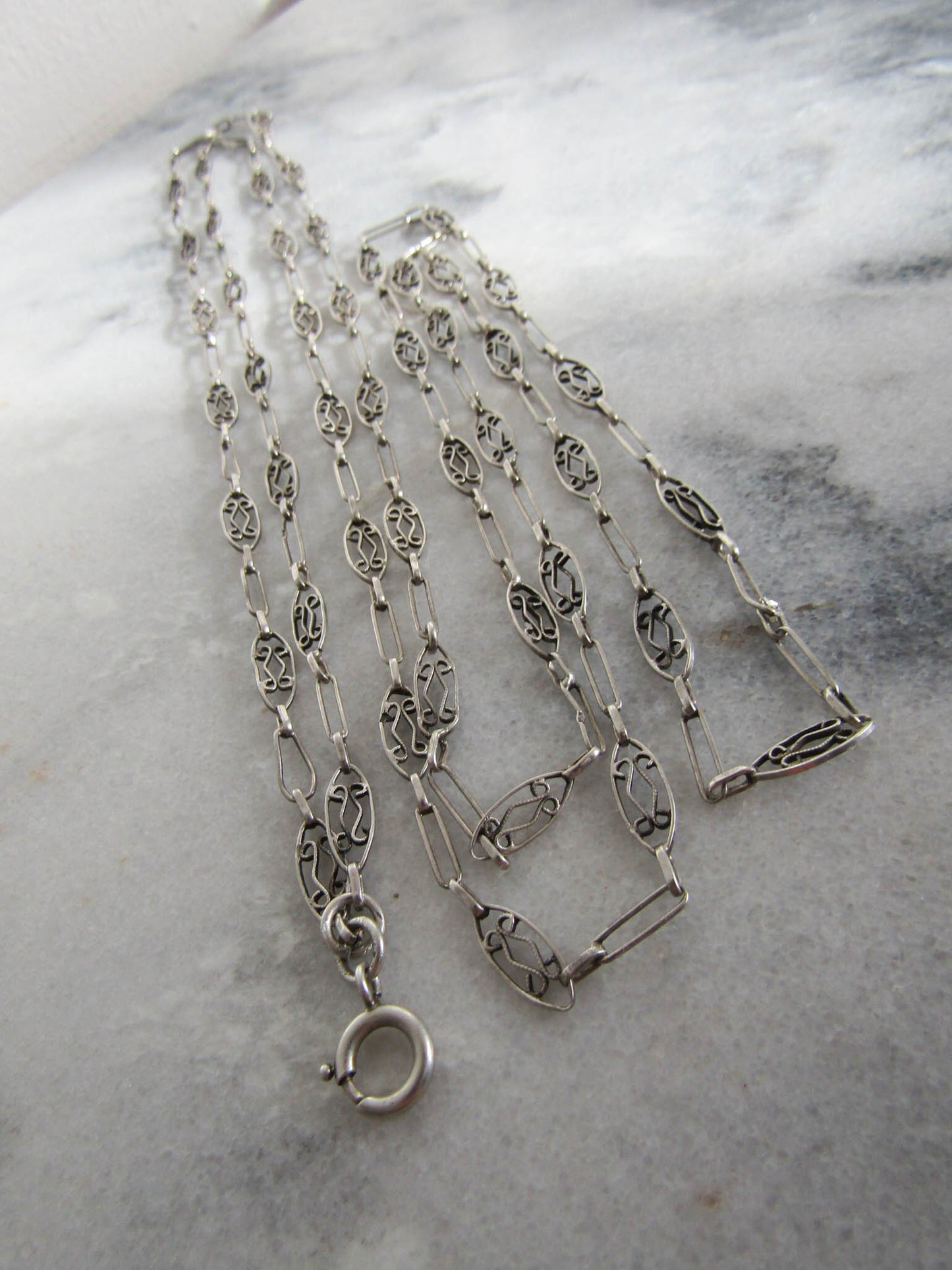 French Filigree Long Guard Chain, Antique Silver Necklace with Hanging Bolt Ring