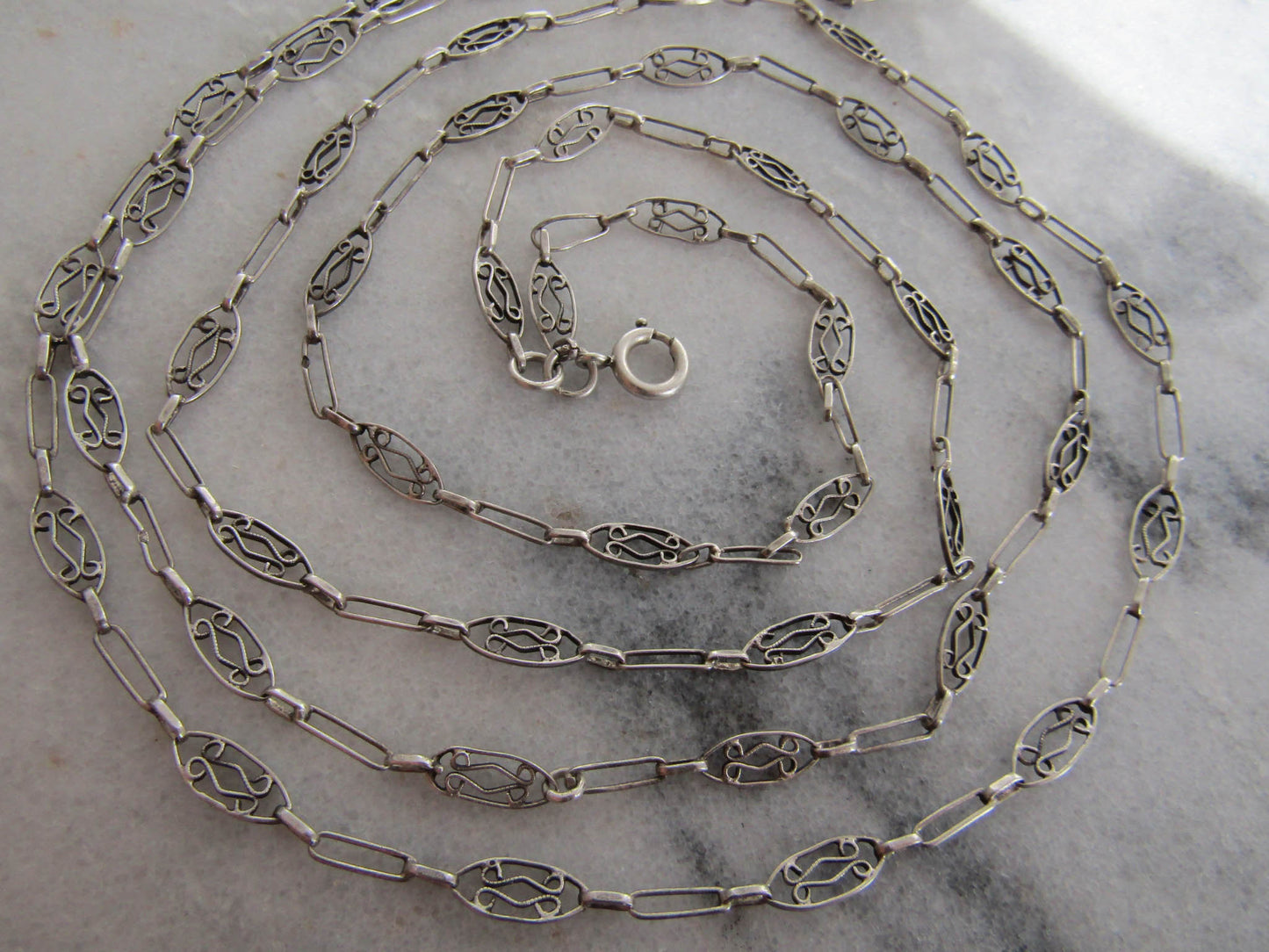 French Filigree Long Guard Chain, Antique Silver Necklace with Hanging Bolt Ring