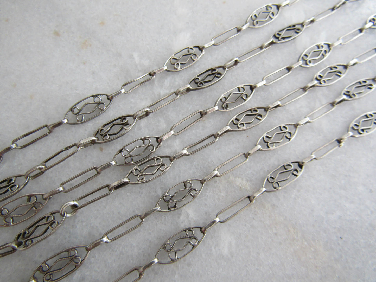 French Filigree Long Guard Chain, Antique Silver Necklace with Hanging Bolt Ring