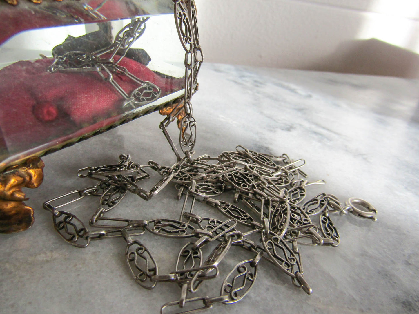 French Filigree Long Guard Chain, Antique Silver Necklace with Hanging Bolt Ring