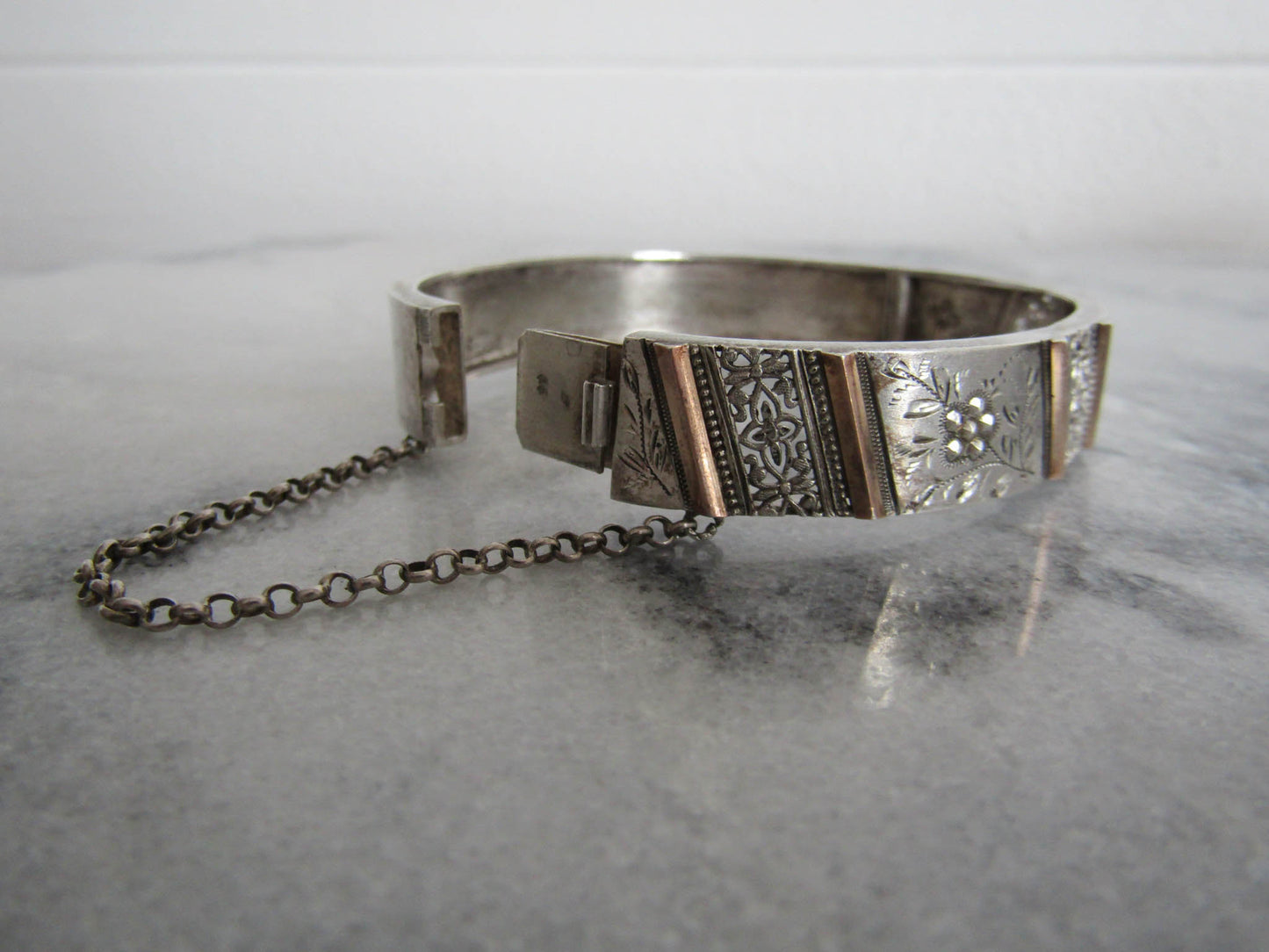 Antique French Victorian Silver Vermeil Bracelet, Vintage French Floral Bangle Bracelet with Box Clasp Draft