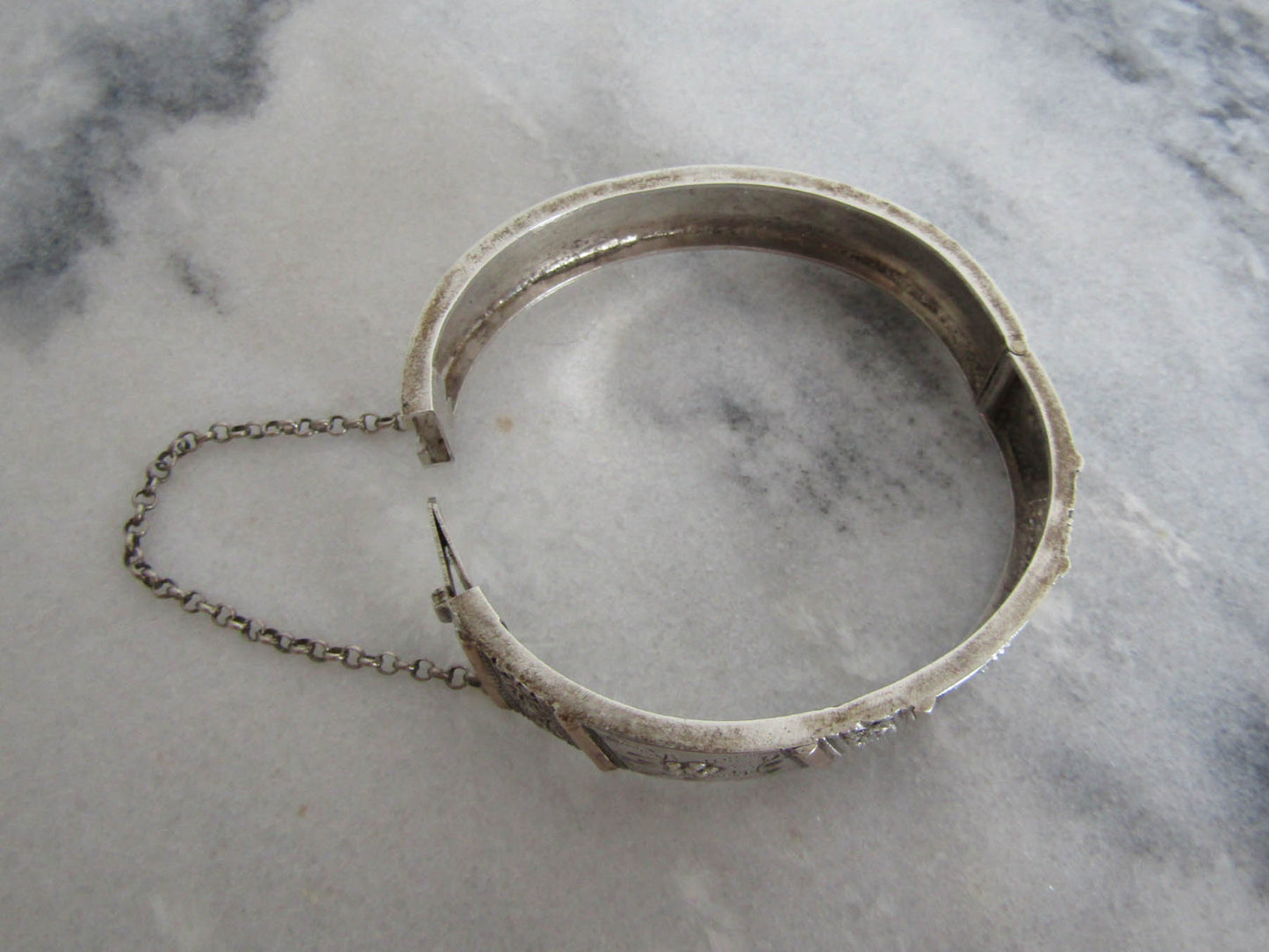 Antique French Victorian Silver Vermeil Bracelet, Vintage French Floral Bangle Bracelet with Box Clasp Draft