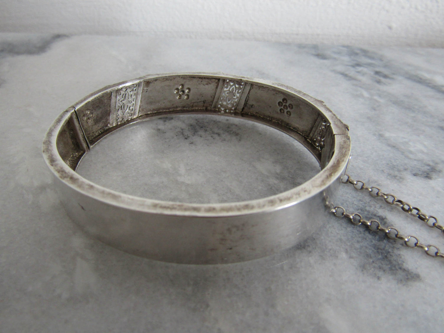 Antique French Victorian Silver Vermeil Bracelet, Vintage French Floral Bangle Bracelet with Box Clasp Draft