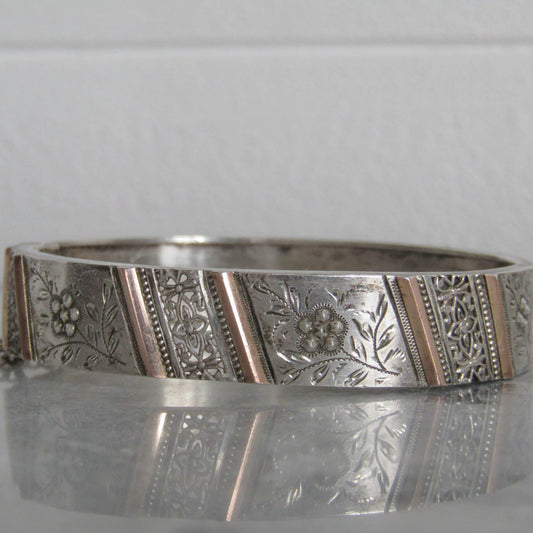 Antique French Victorian Silver Vermeil Bracelet, Vintage French Floral Bangle Bracelet with Box Clasp Draft