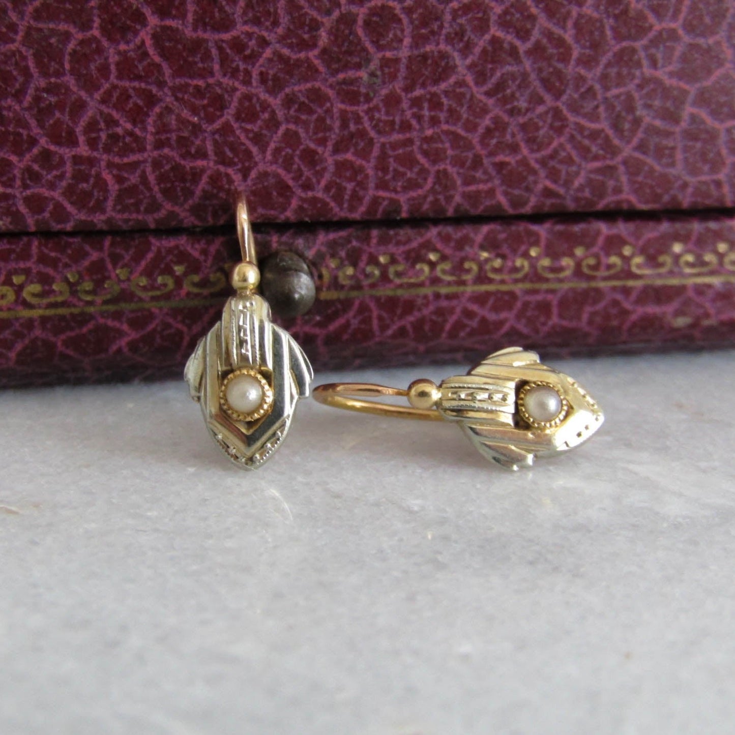 18k Art Deco White and Yellow Gold Bi-Color Sleeper Earrings, Antique French Drop Earrings